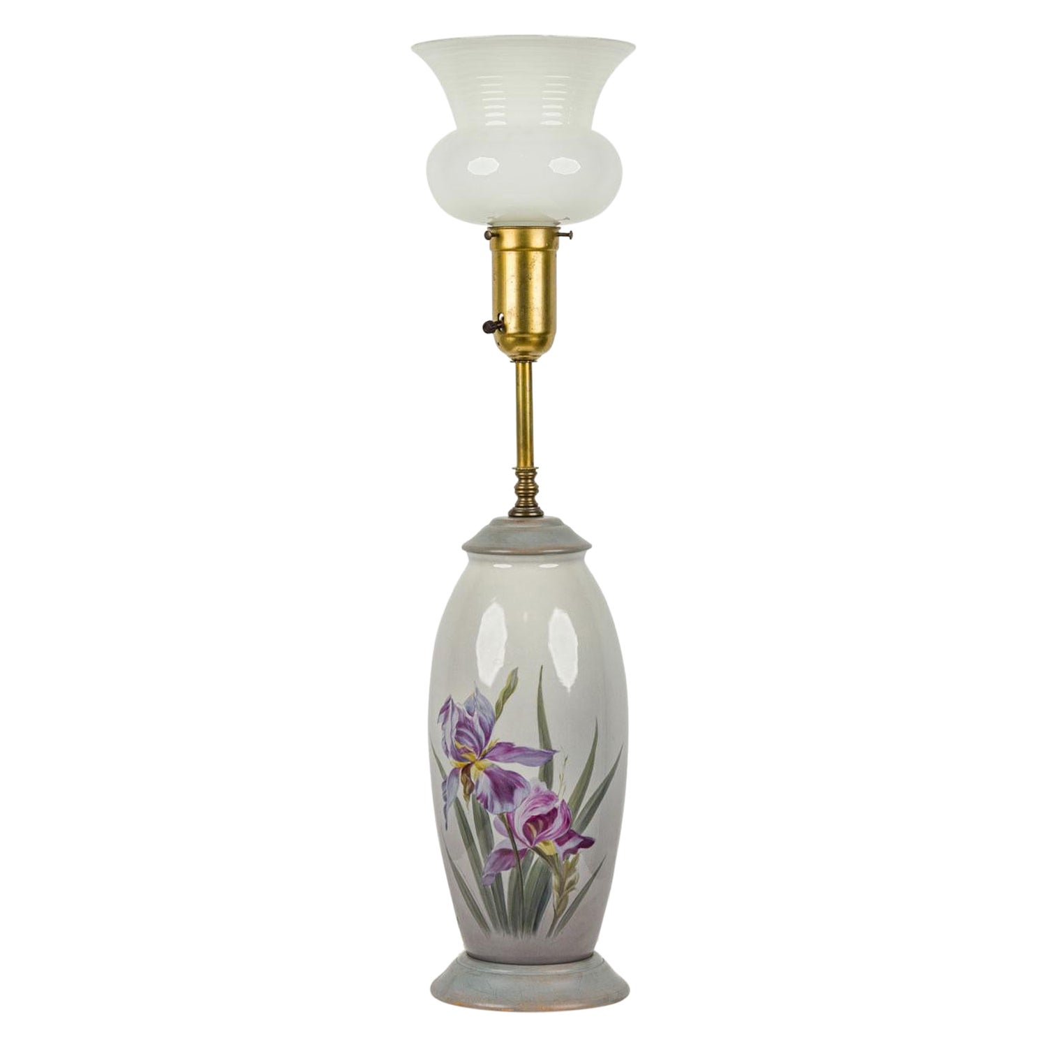English Mid-Century Ceramic Purple Iris Design Tall Table Lamp