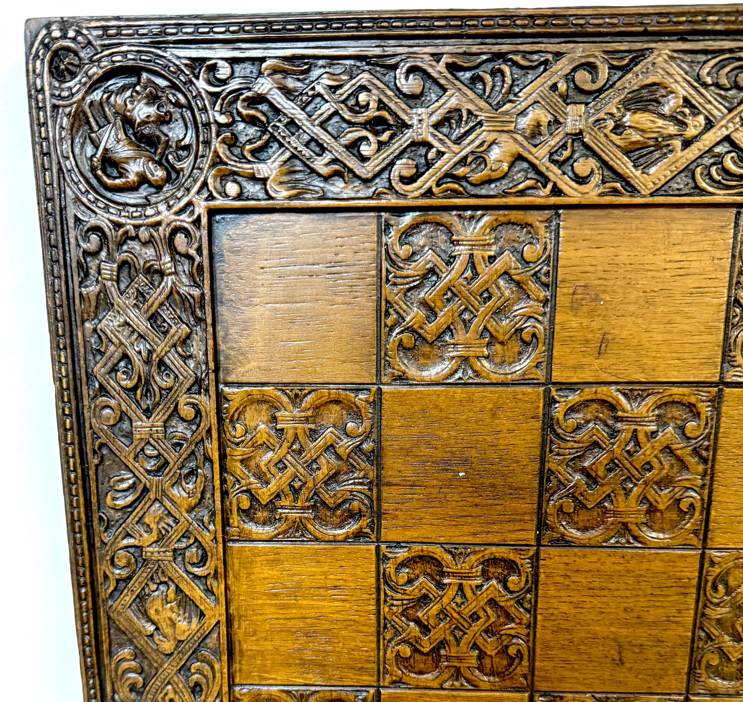 Cast English Mid Century Large Syroco Wood Celtic / Gothic  Motif Chess Board