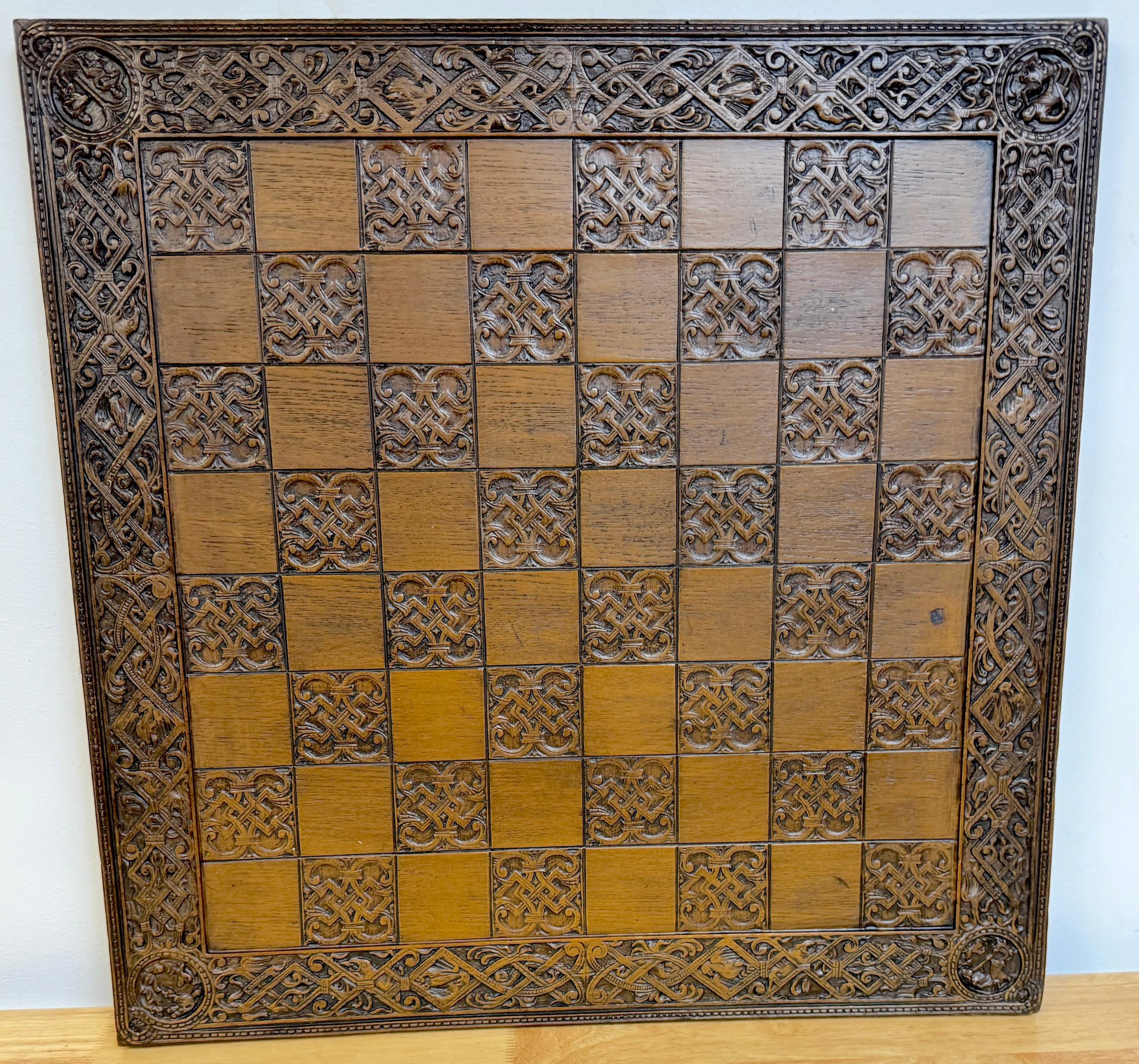 English Mid Century Large Syroco Wood Celtic / Gothic  Motif Chess Board In Good Condition In West Palm Beach, FL