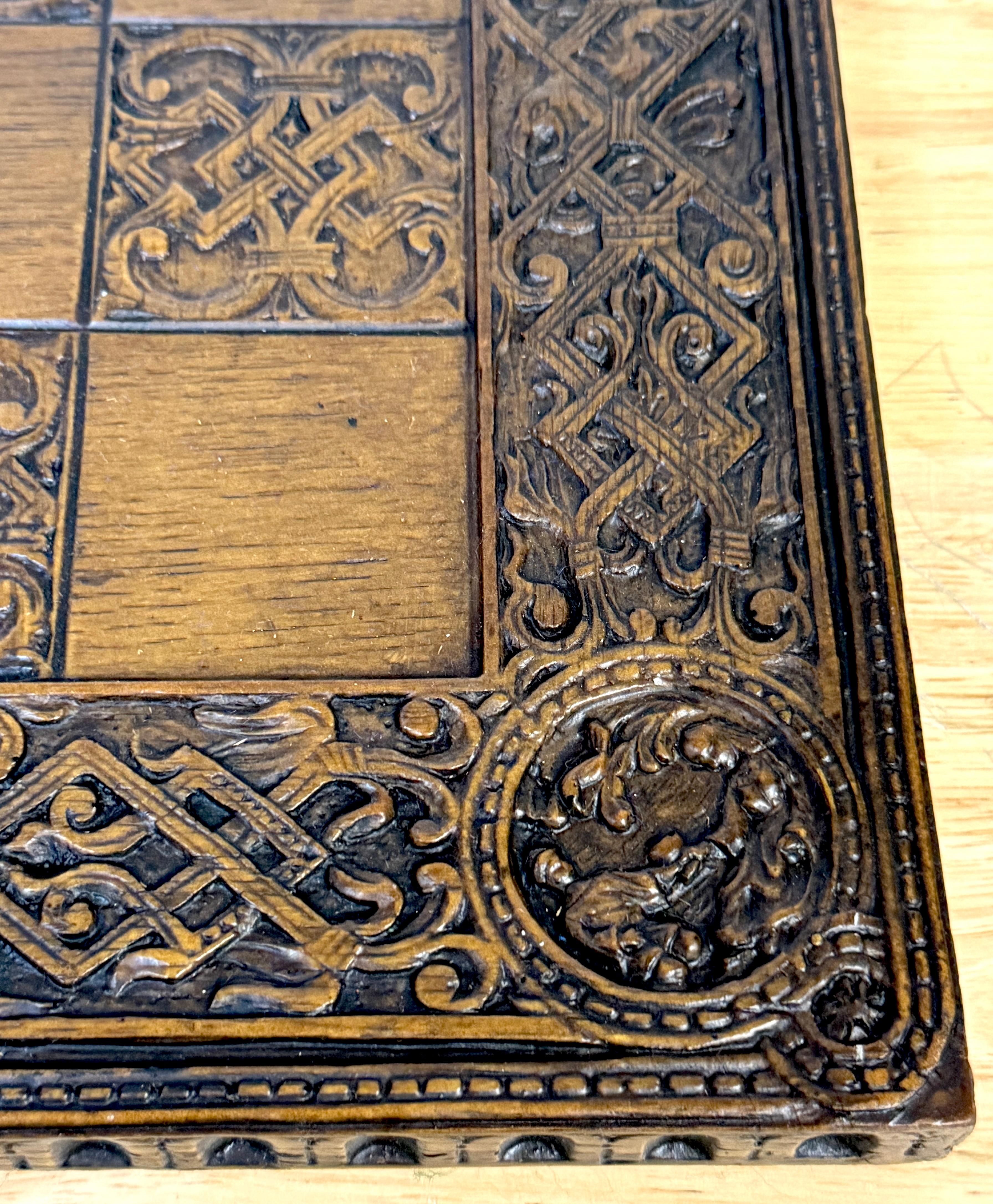 English Mid Century Large Syroco Wood Celtic / Gothic  Motif Chess Board 3