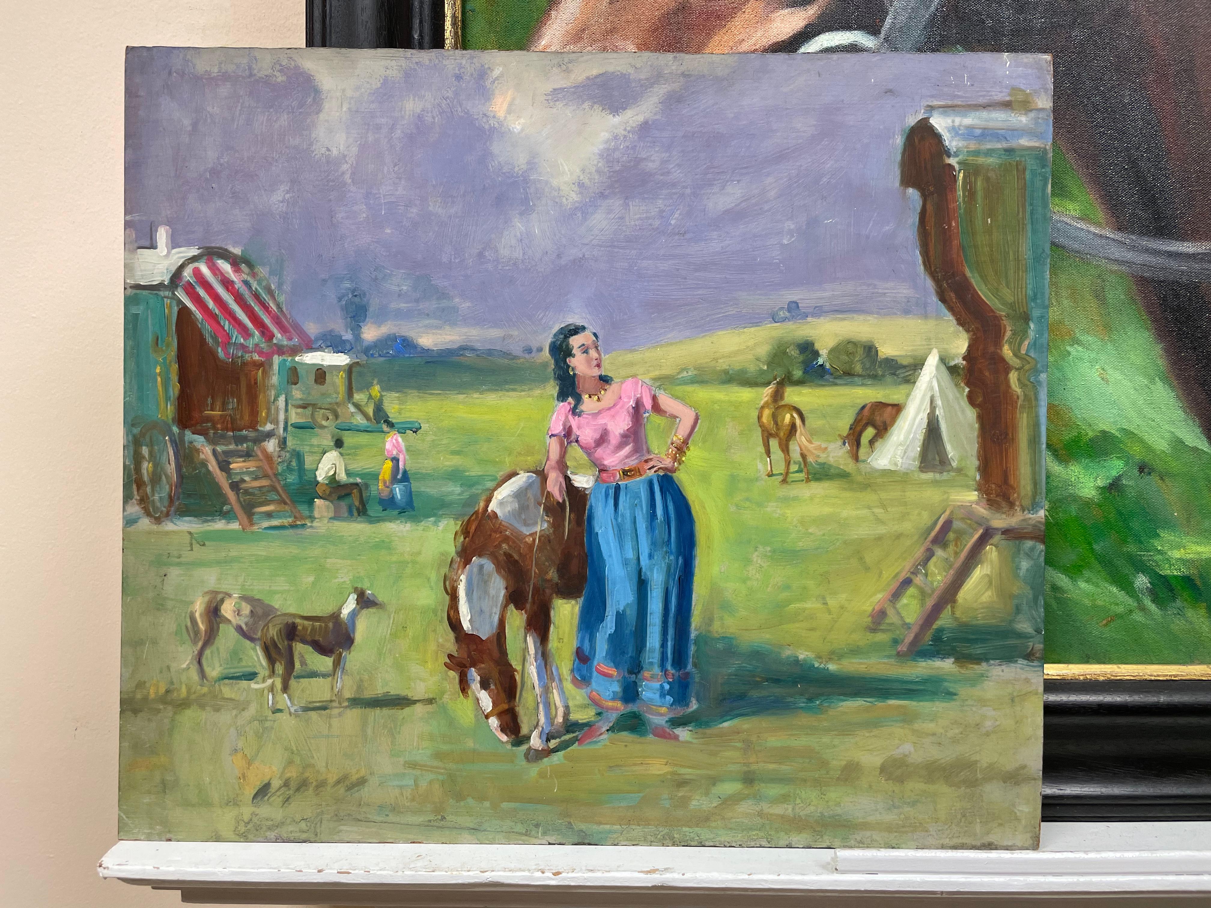 1950's English Oil Travelers outside Gypsy Caravans with Horses in Landscape - Painting by English Mid Century