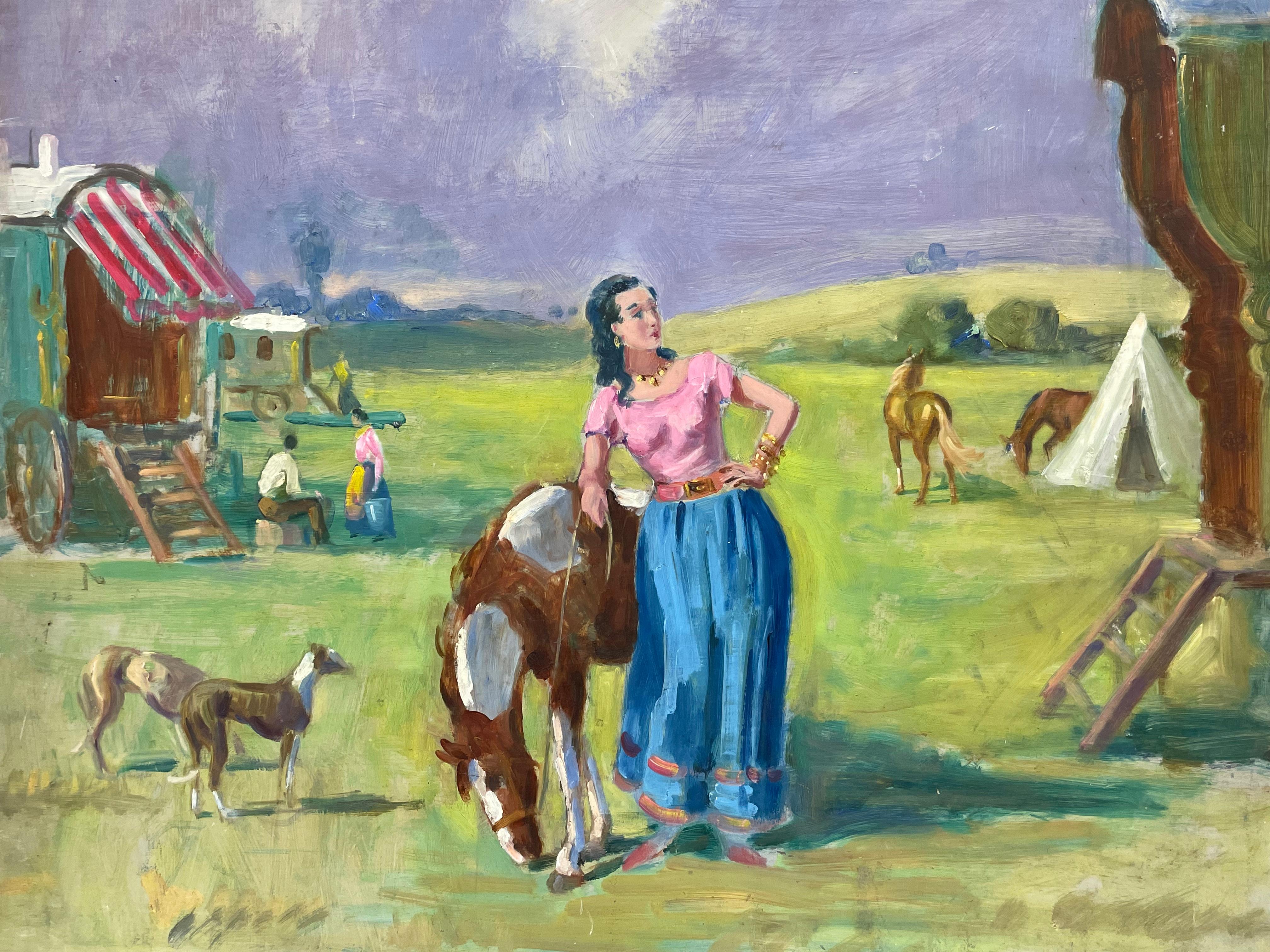 1950's English Oil Travelers outside Gypsy Caravans with Horses in Landscape - Impressionist Painting by English Mid Century