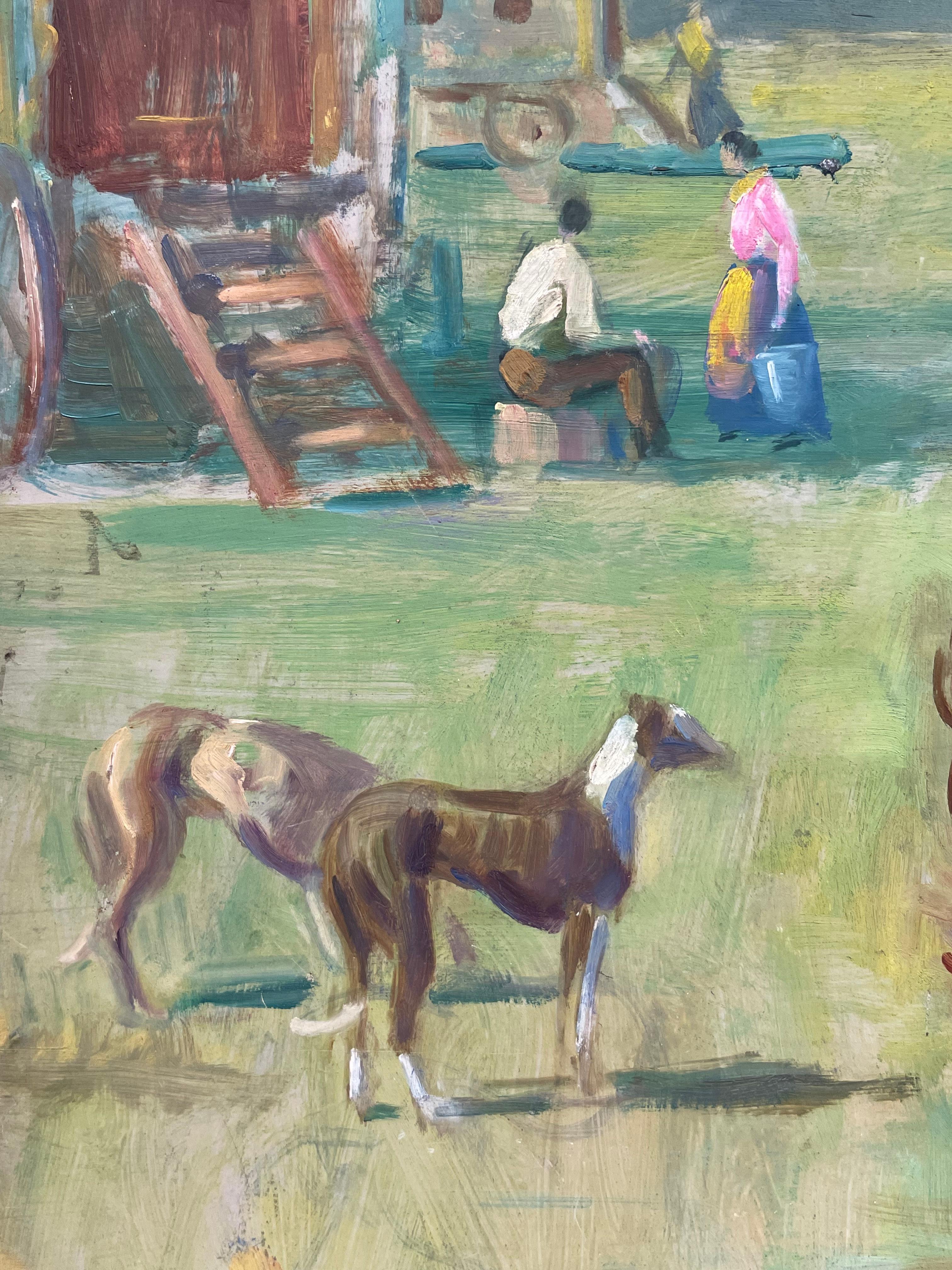English School, circa 1950's
The Travellers Caravan
oil on board, unframed 
17 x 20 inches
private collection, England
The painting is in overall very good and sound condition - there are a few surface scuffs and marks. 
 