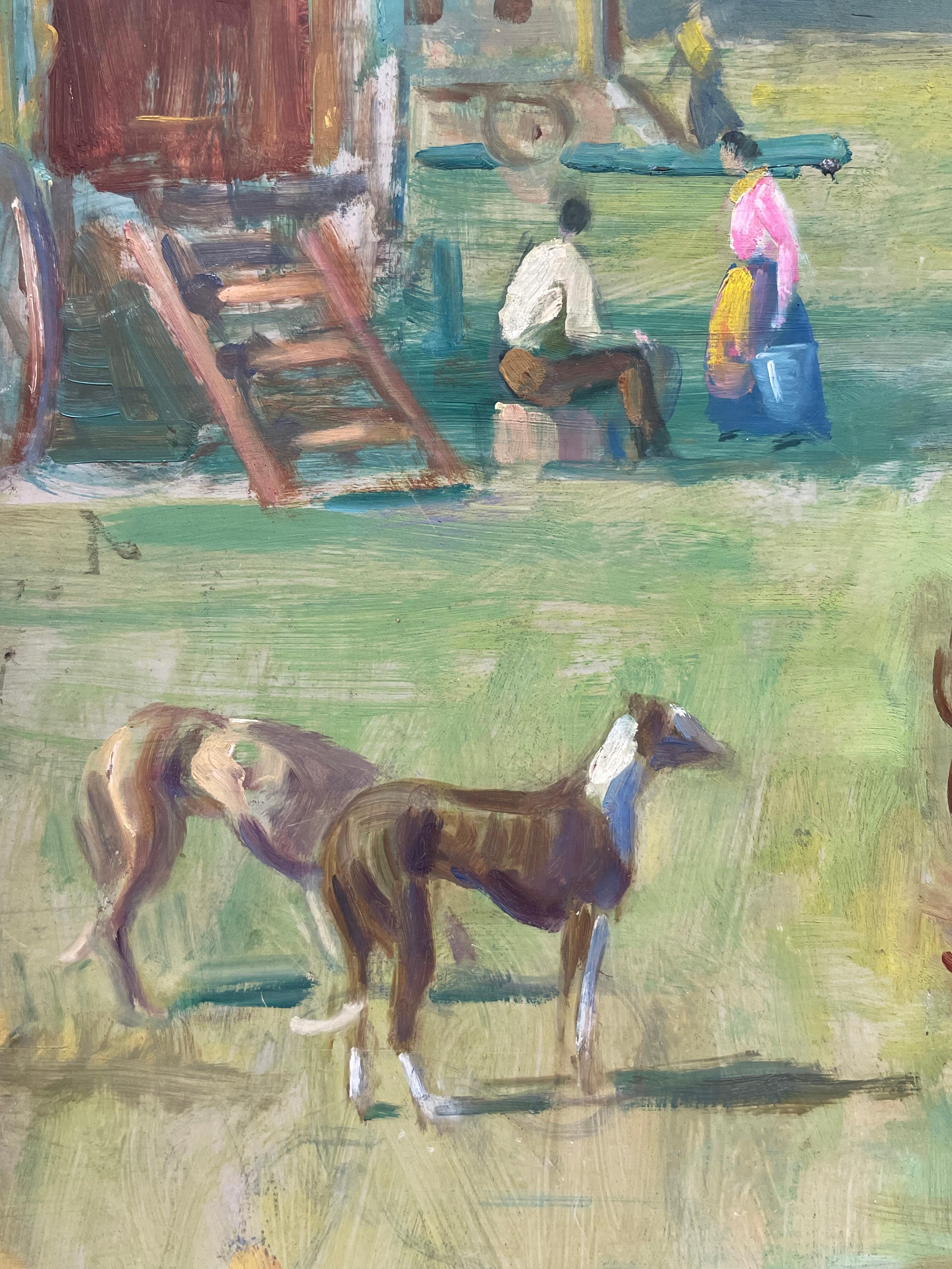 1950's English Oil Travelers outside Gypsy Caravans with Horses in Landscape For Sale 1