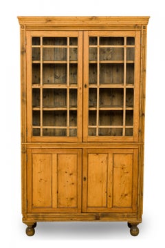 English Mid-Century Pine Wood Breakfront Hutch / Cabinet
