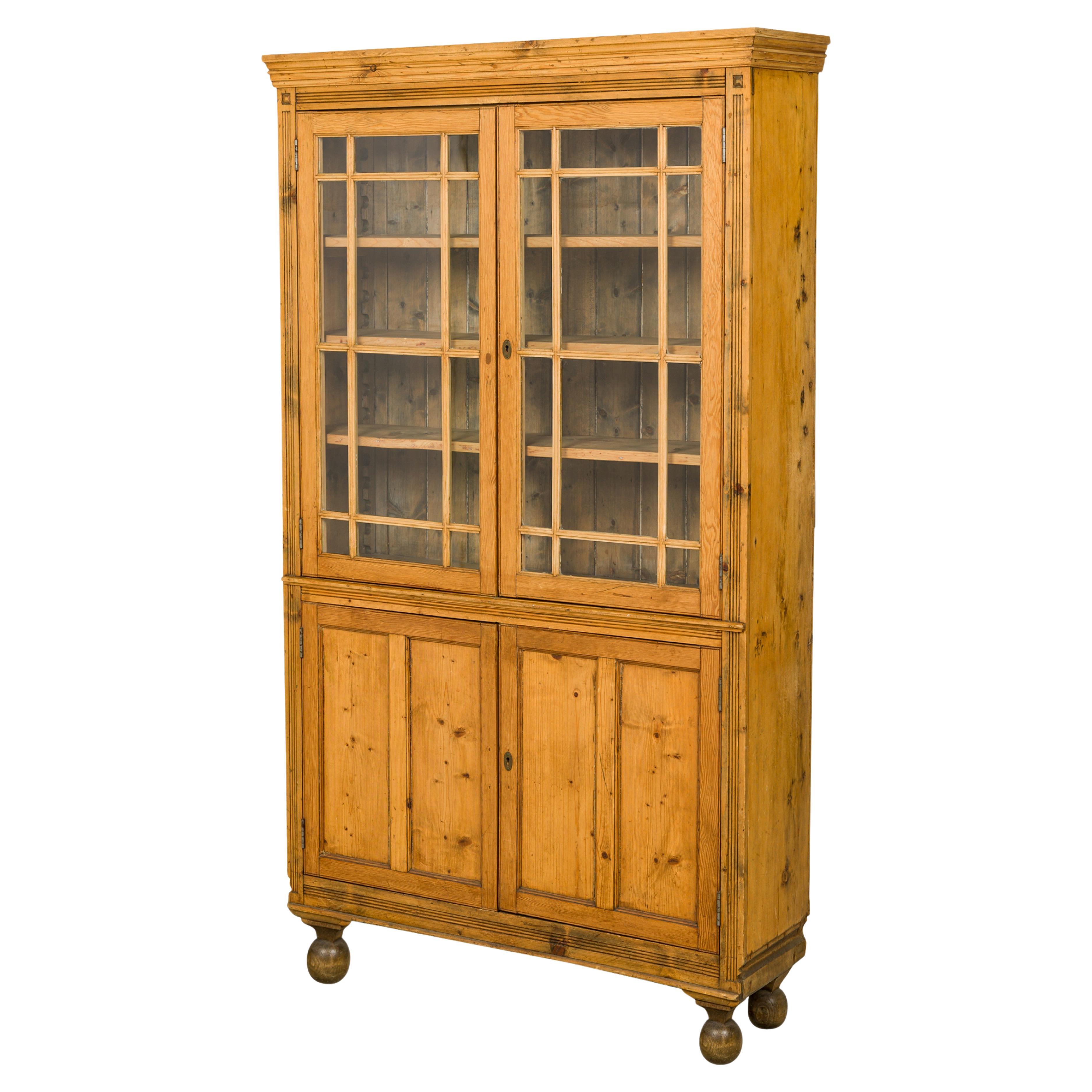 English Mid-Century Pine Wood Breakfront Hutch / Cabinet For Sale