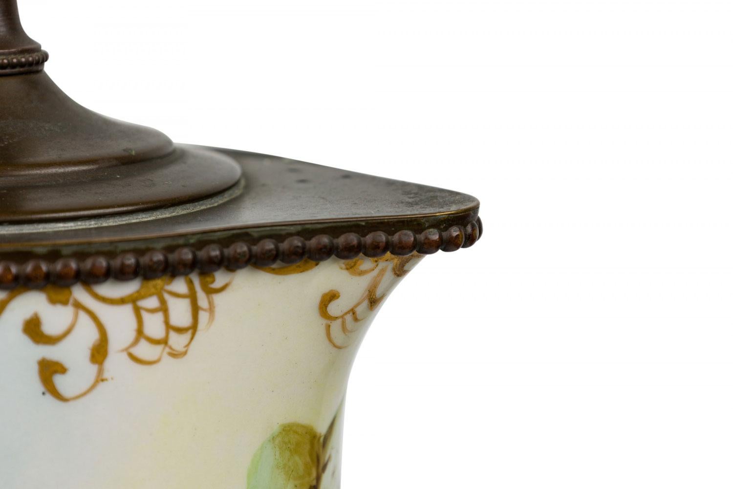 Brass English Mid-Century Pitcher Form Ceramic Grape Motif Table Lamp For Sale