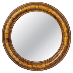 English Mid-Century Round Bamboo and Wood Mirror, Circa 1960