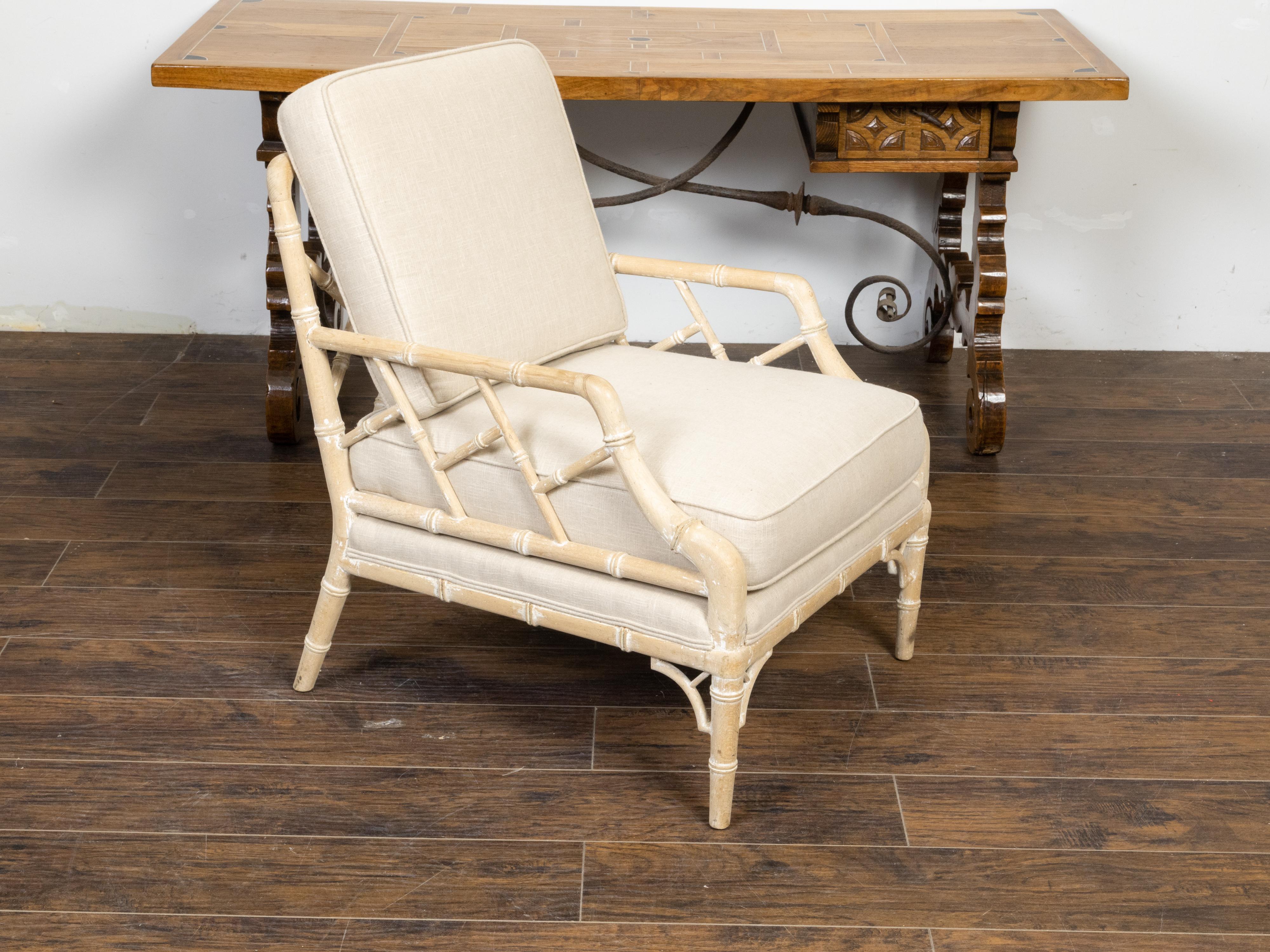 Chinese Chippendale English Midcentury Bleached Faux Bamboo Lounge Chair with Upholstery For Sale