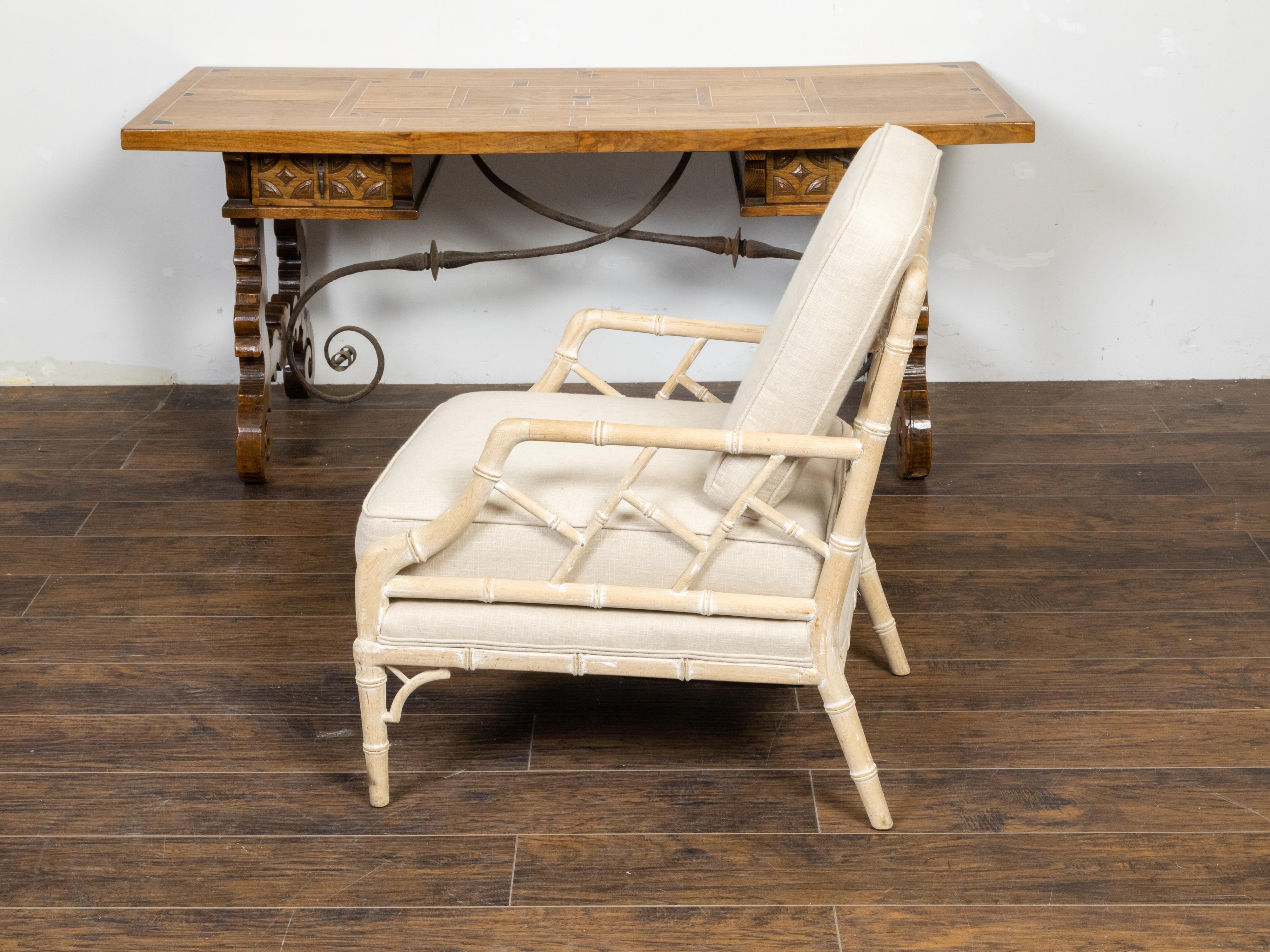 English Midcentury Bleached Faux Bamboo Lounge Chair with Upholstery For Sale 1