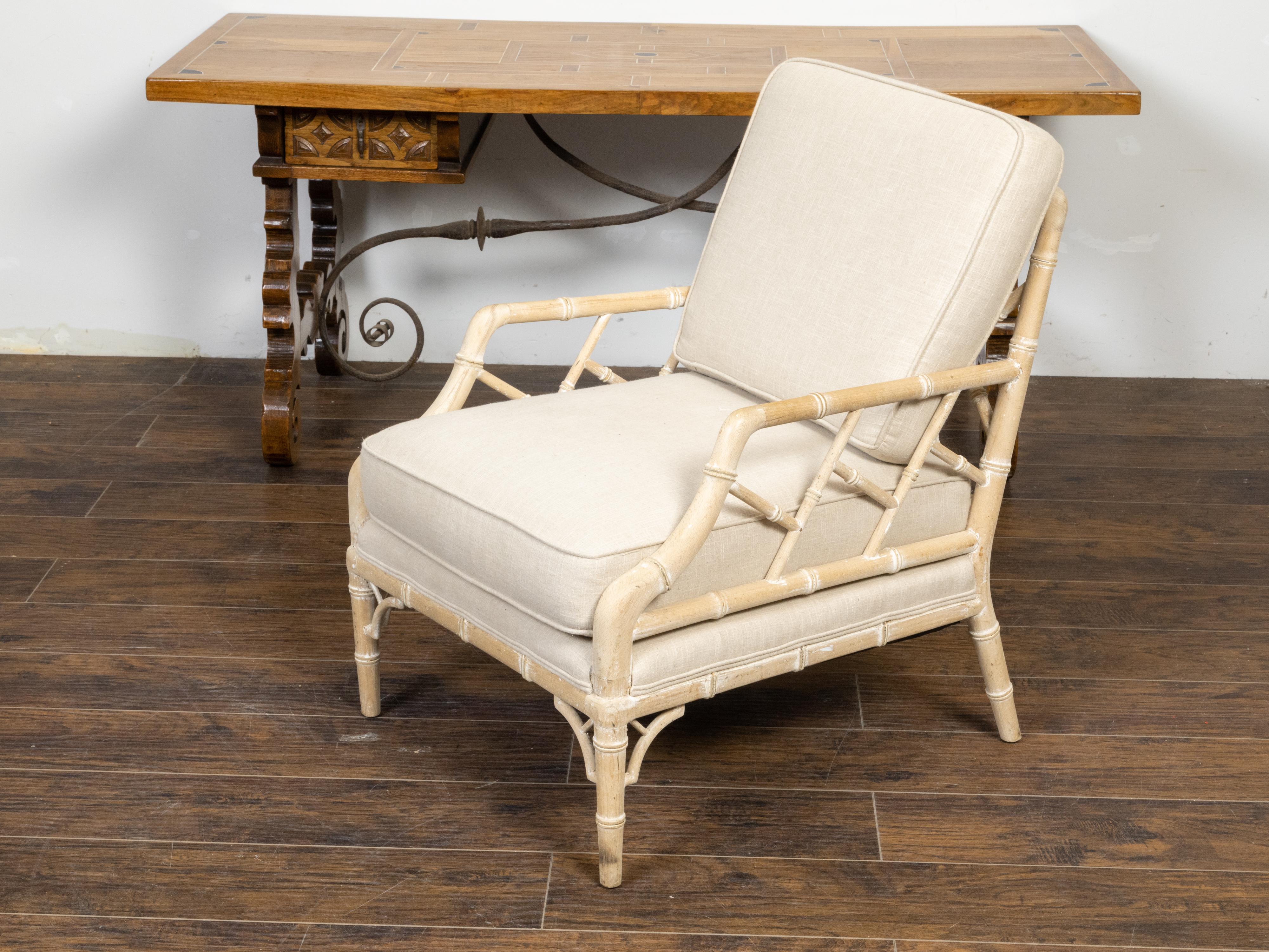 English Midcentury Bleached Faux Bamboo Lounge Chair with Upholstery For Sale 2