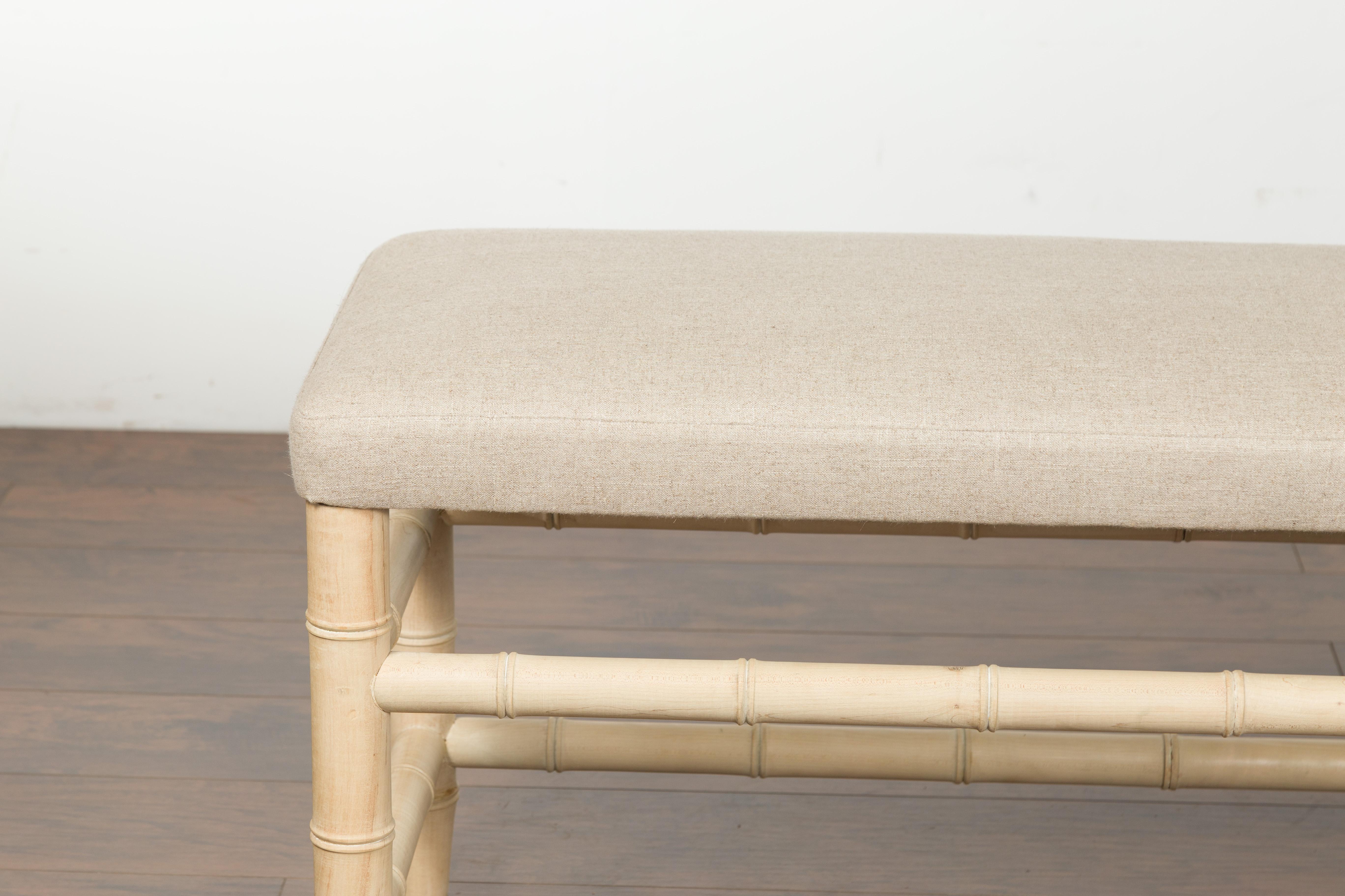 Mid-Century Modern English Midcentury Bleached Walnut Faux Bamboo Bench with New Upholstery