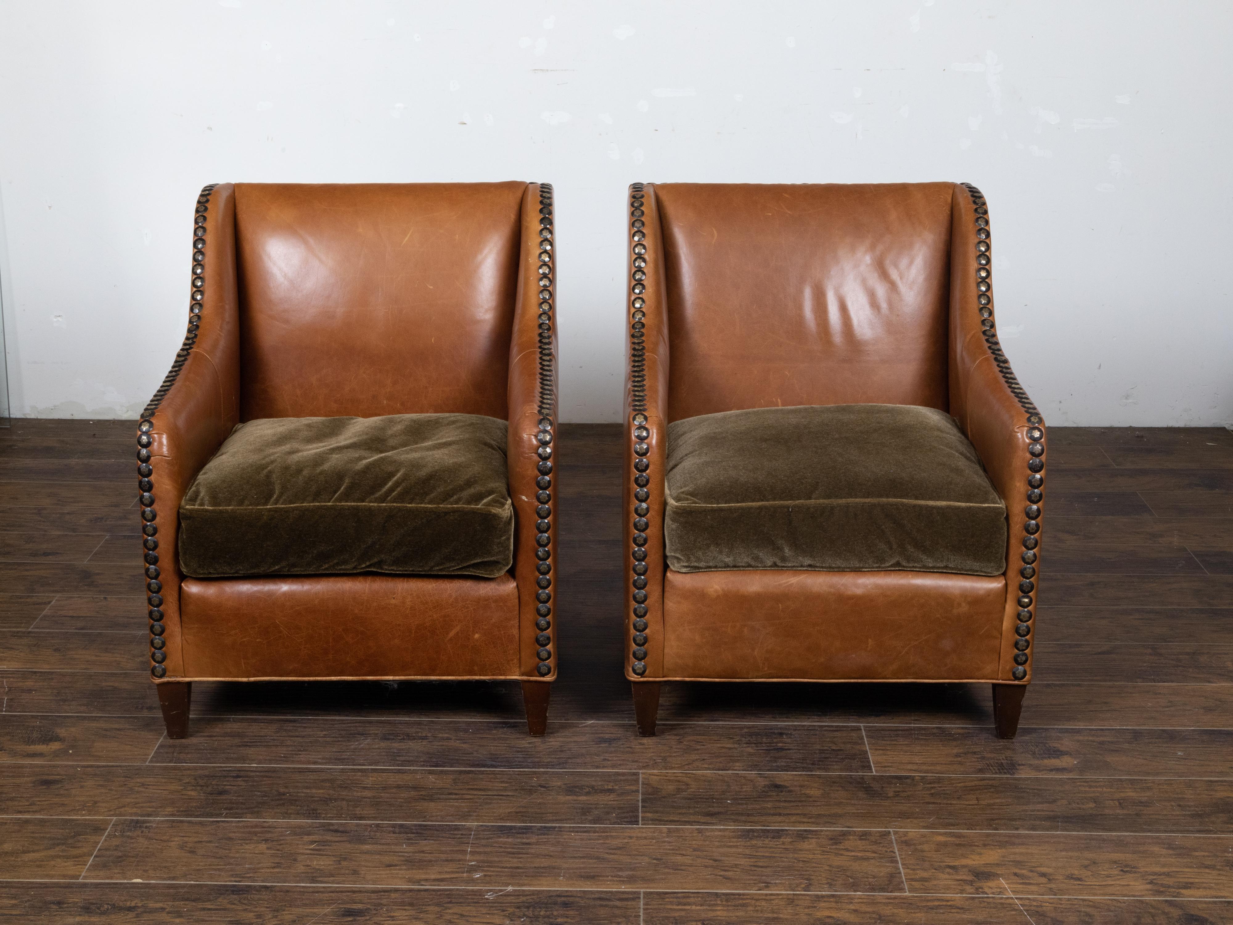 Mid-Century Modern English Midcentury Brown Leather Club Chairs with Velvet Cushions and Nailheads