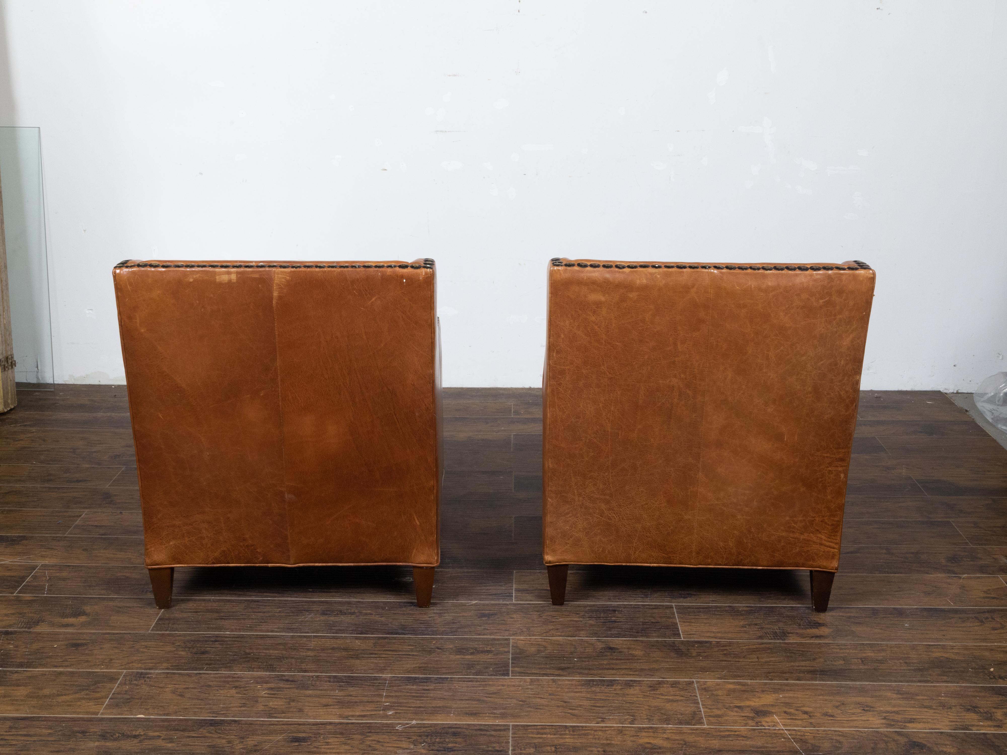 English Midcentury Brown Leather Club Chairs with Velvet Cushions and Nailheads In Good Condition In Atlanta, GA