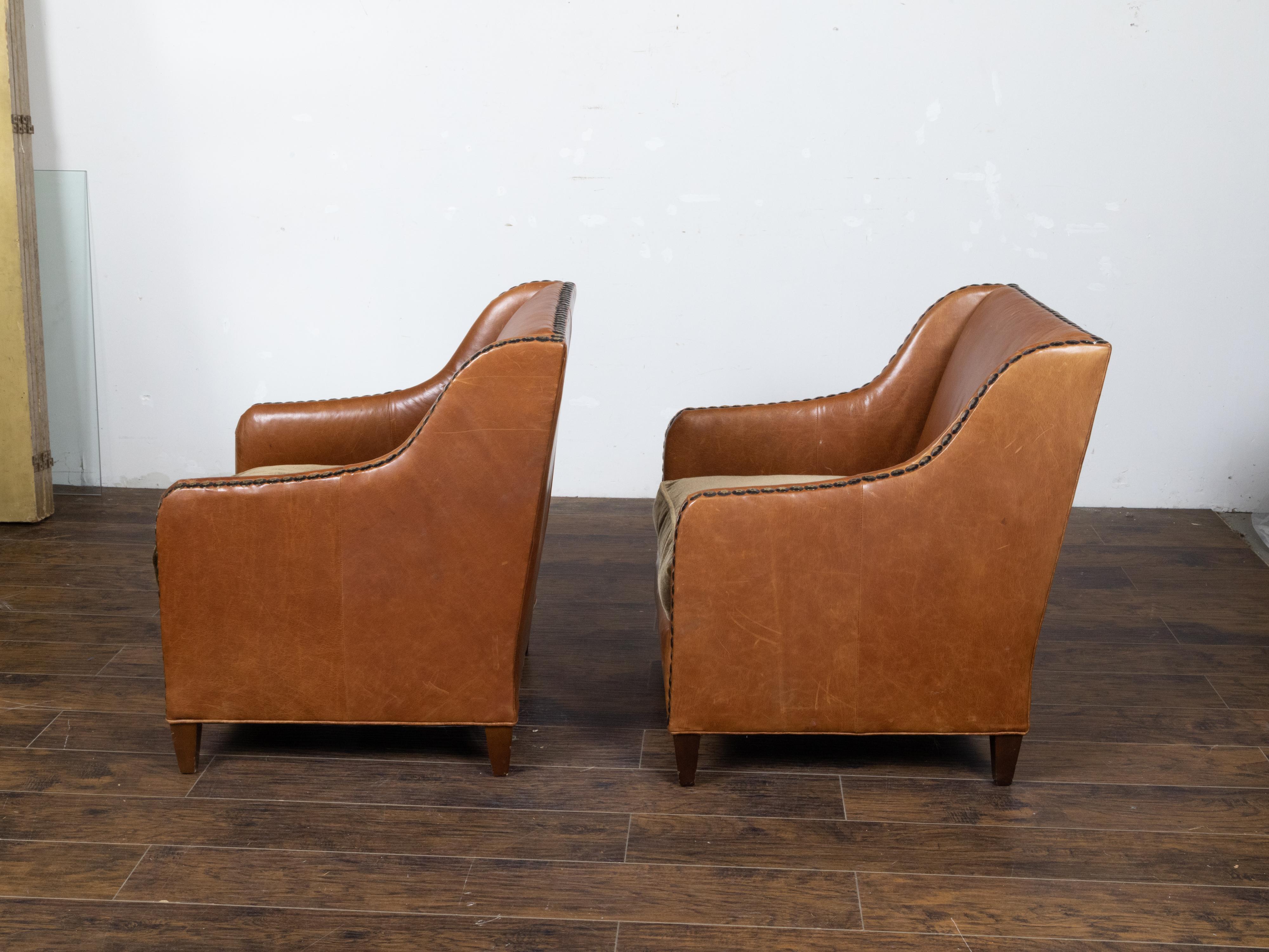 20th Century English Midcentury Brown Leather Club Chairs with Velvet Cushions and Nailheads