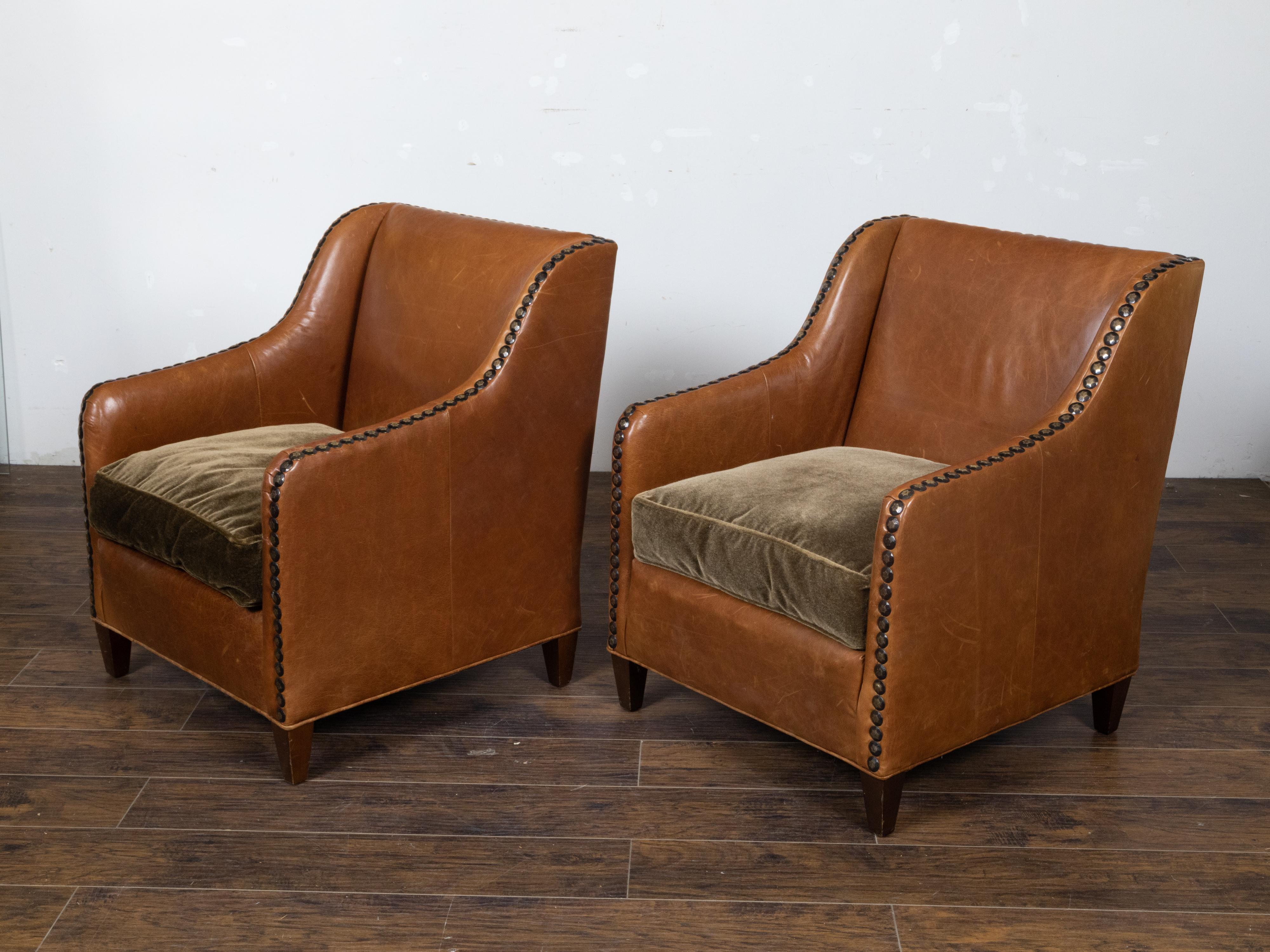 Brass English Midcentury Brown Leather Club Chairs with Velvet Cushions and Nailheads