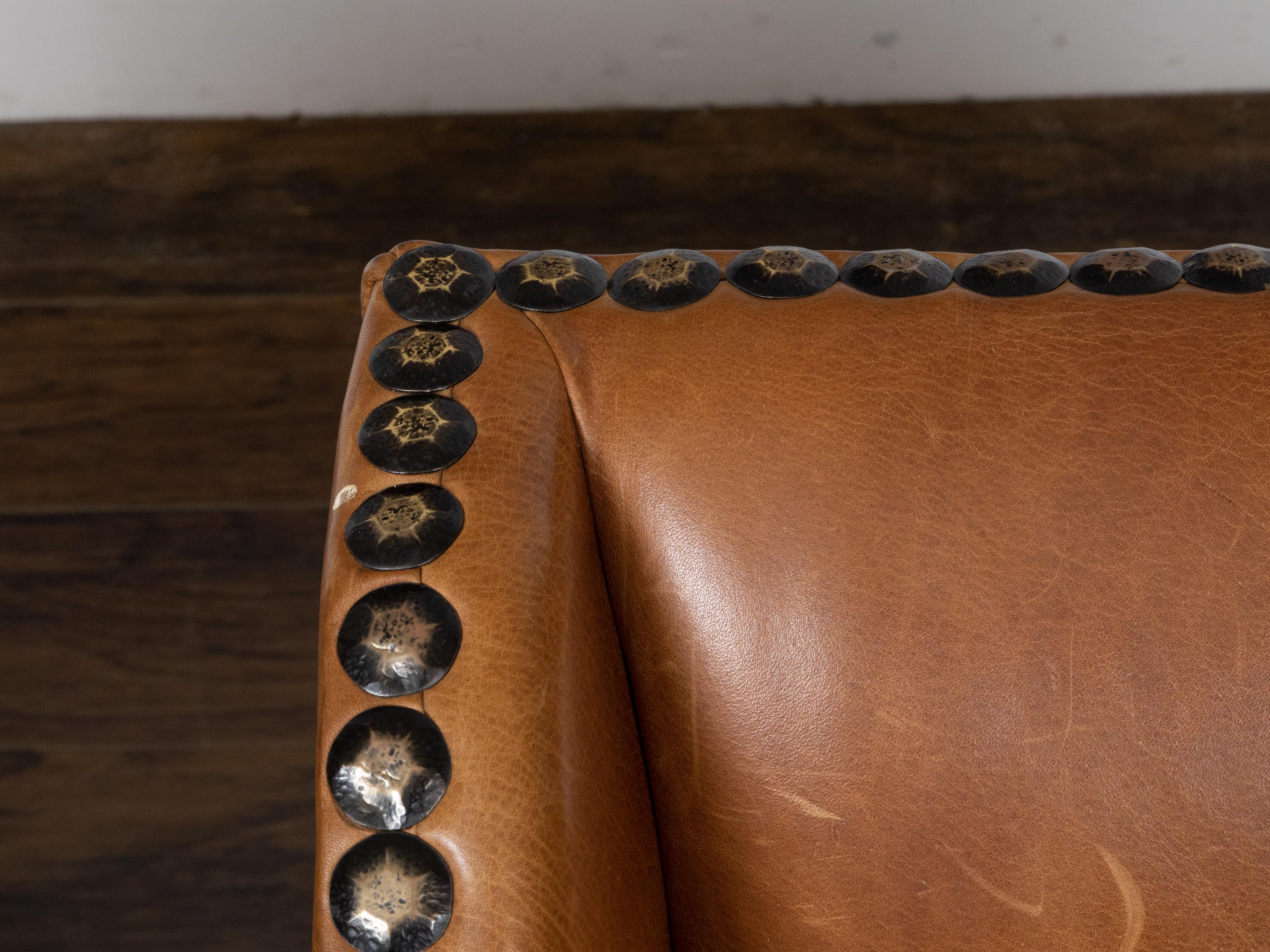 English Midcentury Brown Leather Club Chairs with Velvet Cushions and Nailheads 2