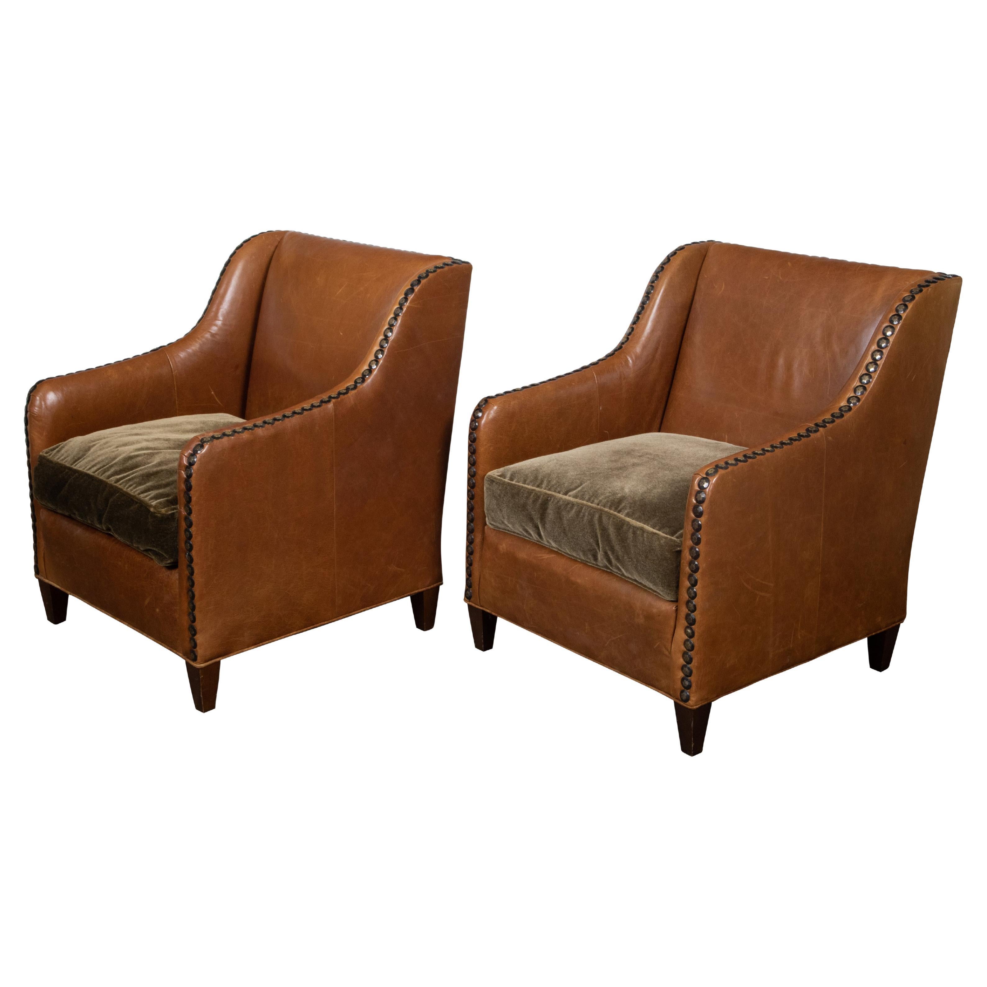 English Midcentury Brown Leather Club Chairs with Velvet Cushions and Nailheads