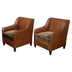English Midcentury Brown Leather Club Chairs with Velvet Cushions and Nailheads