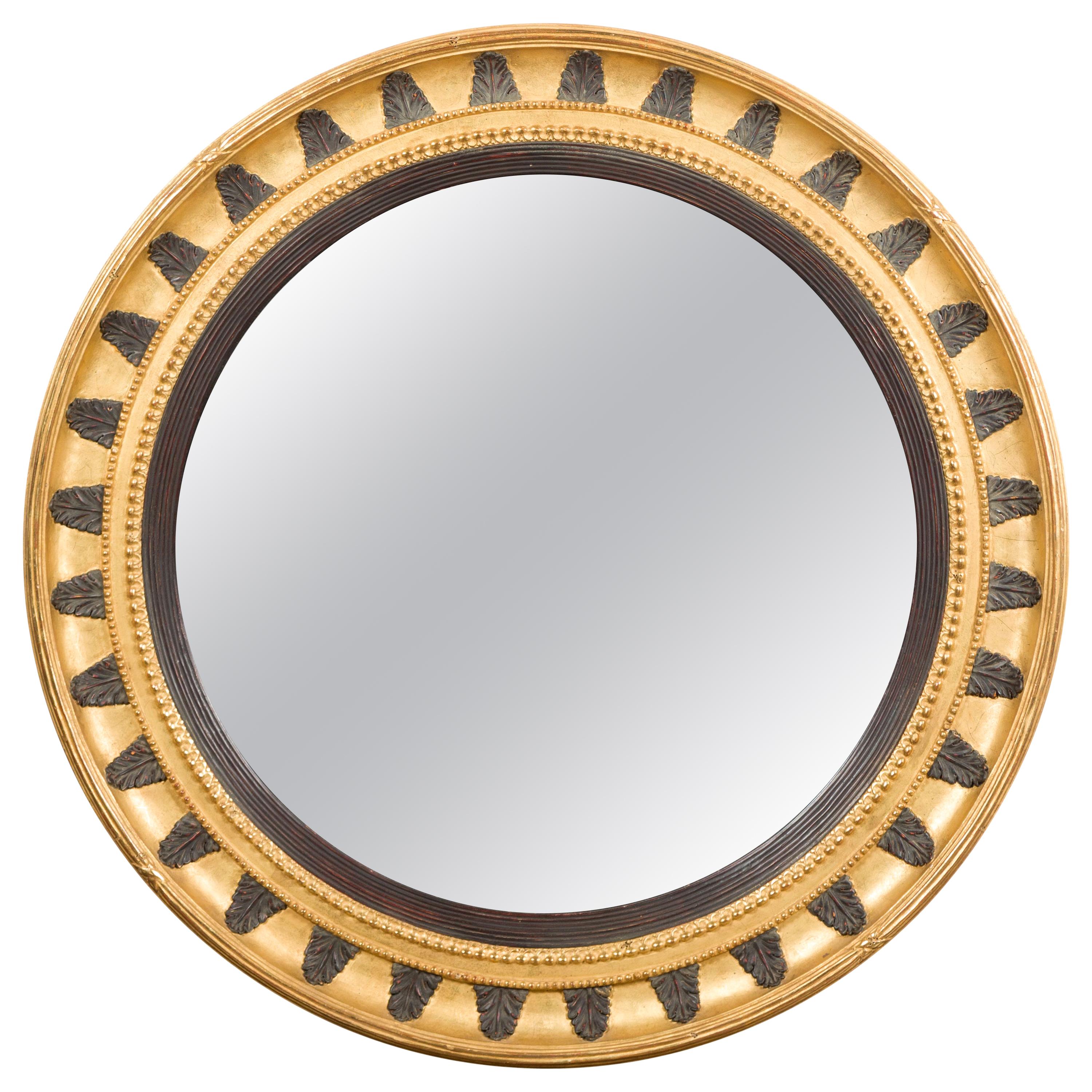 English Midcentury Bullseye Convex Mirror with Gilded Frame and Ebonized Leaves
