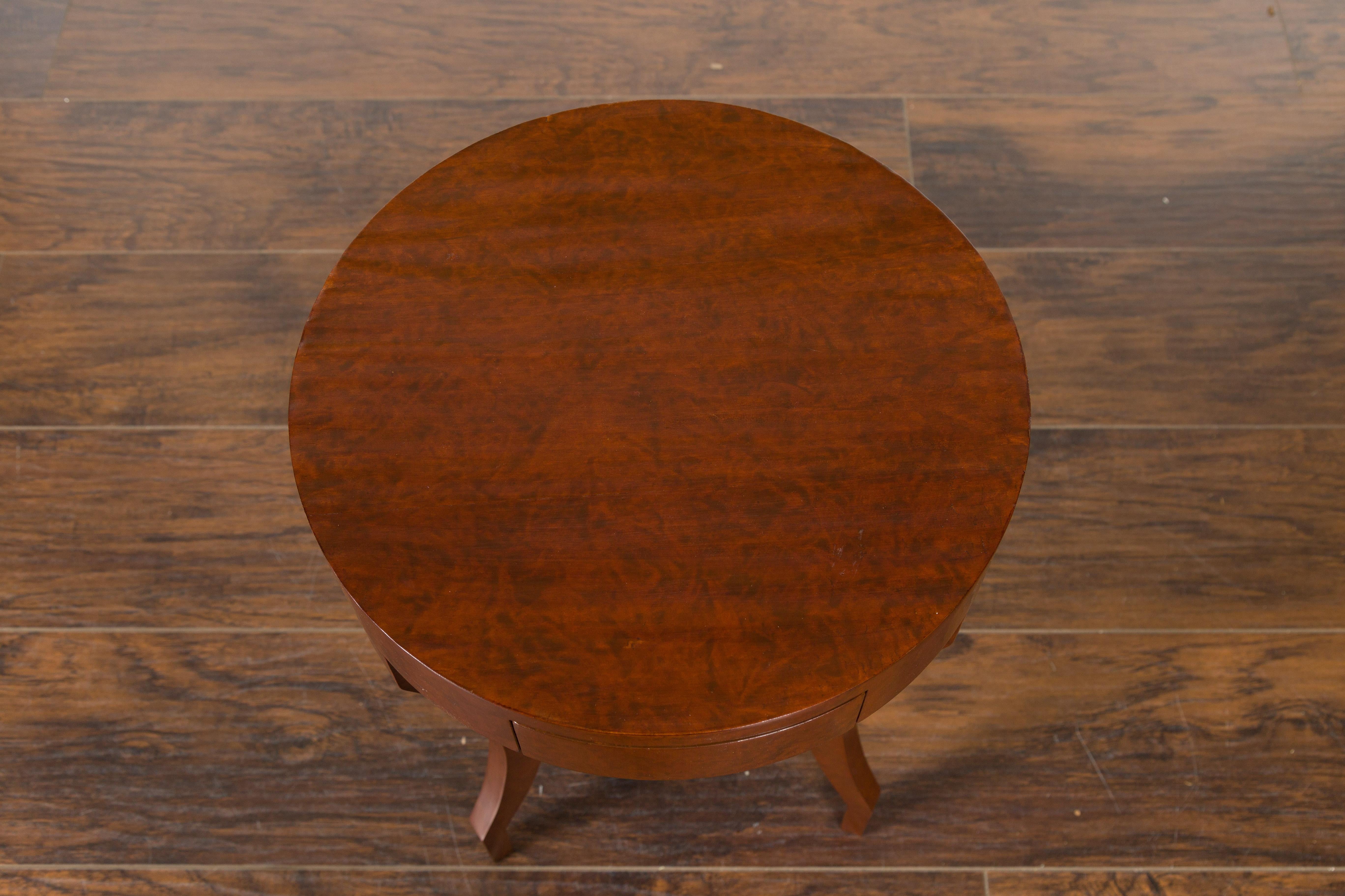 Veneer English Midcentury Burl Wood Drinks Table with Single Drawer and Curving Legs
