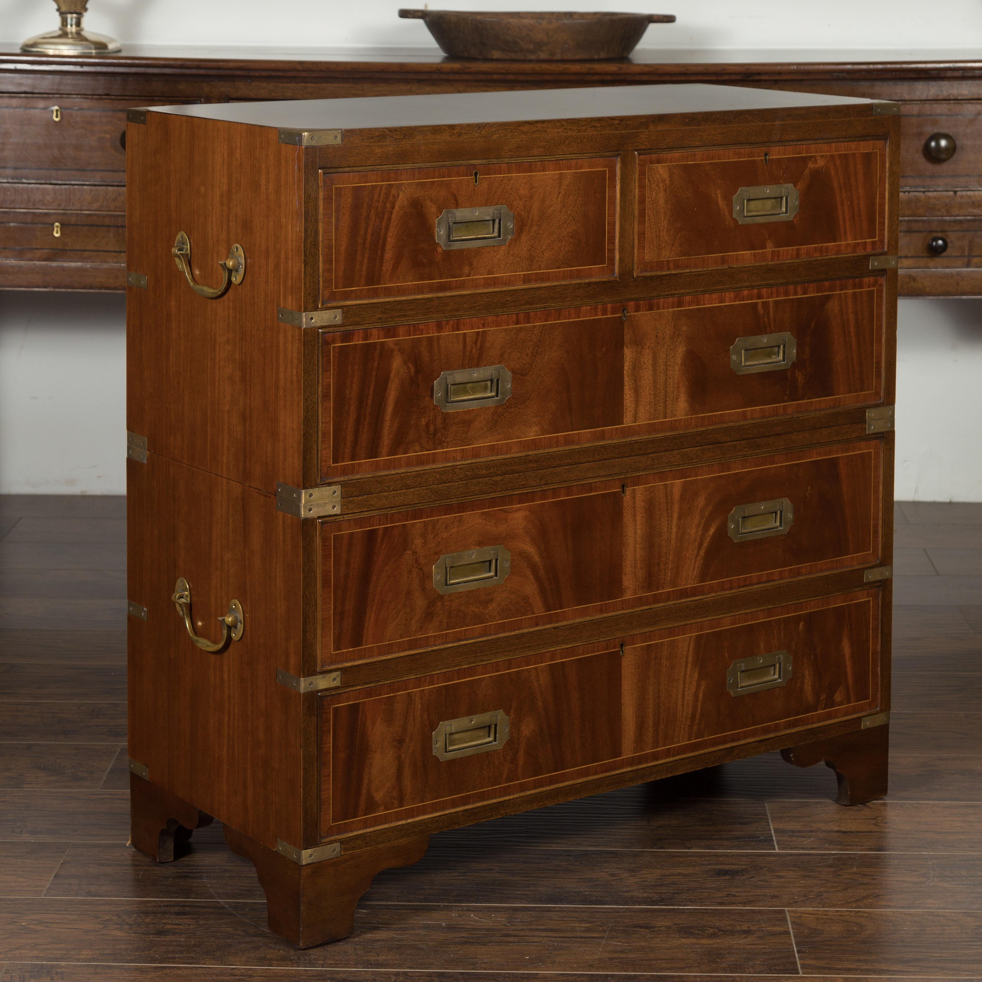 English Midcentury Campaign Five-Drawer Chest with Brass Hardware and Banding 3
