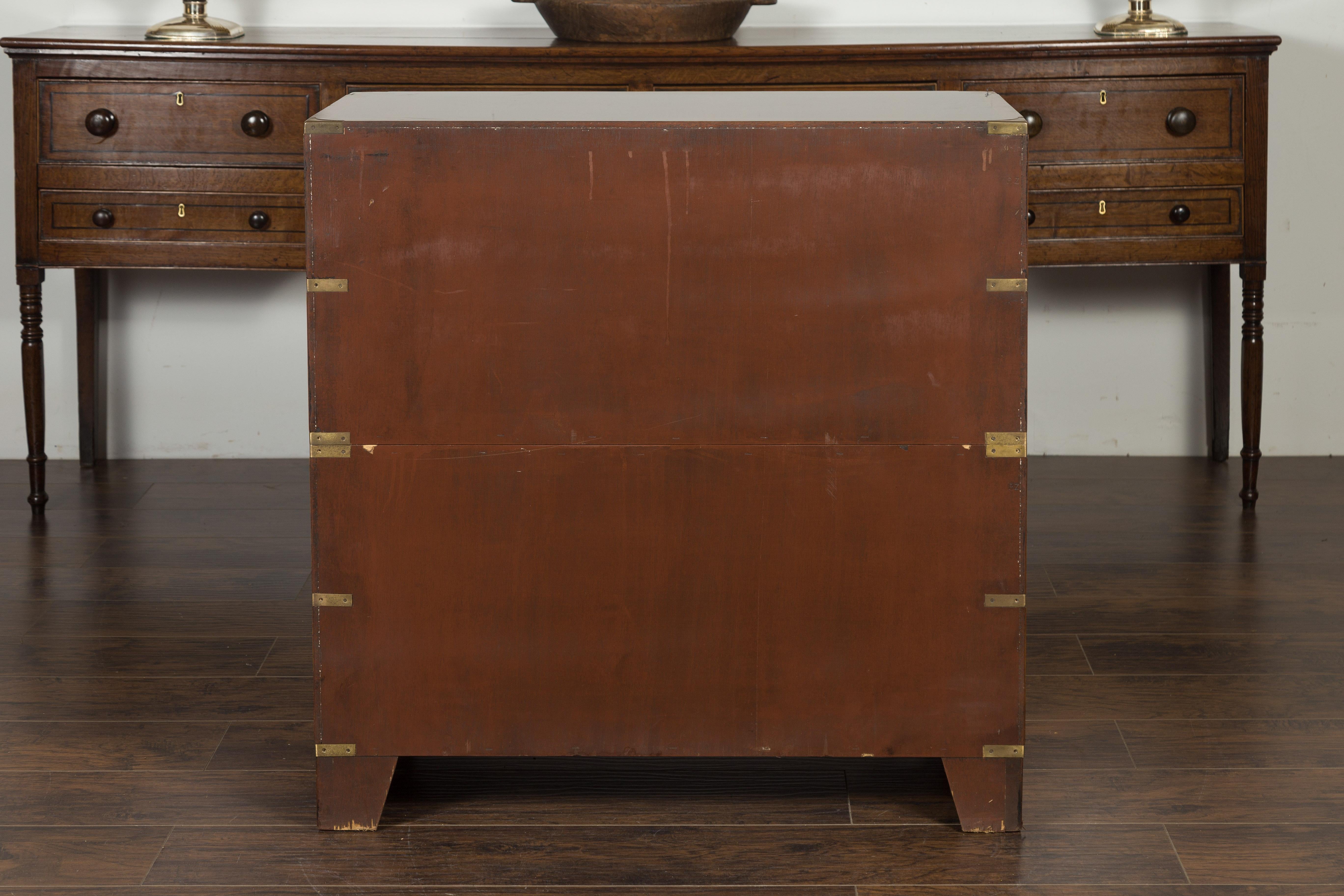 English Midcentury Campaign Five-Drawer Chest with Brass Hardware and Banding 10