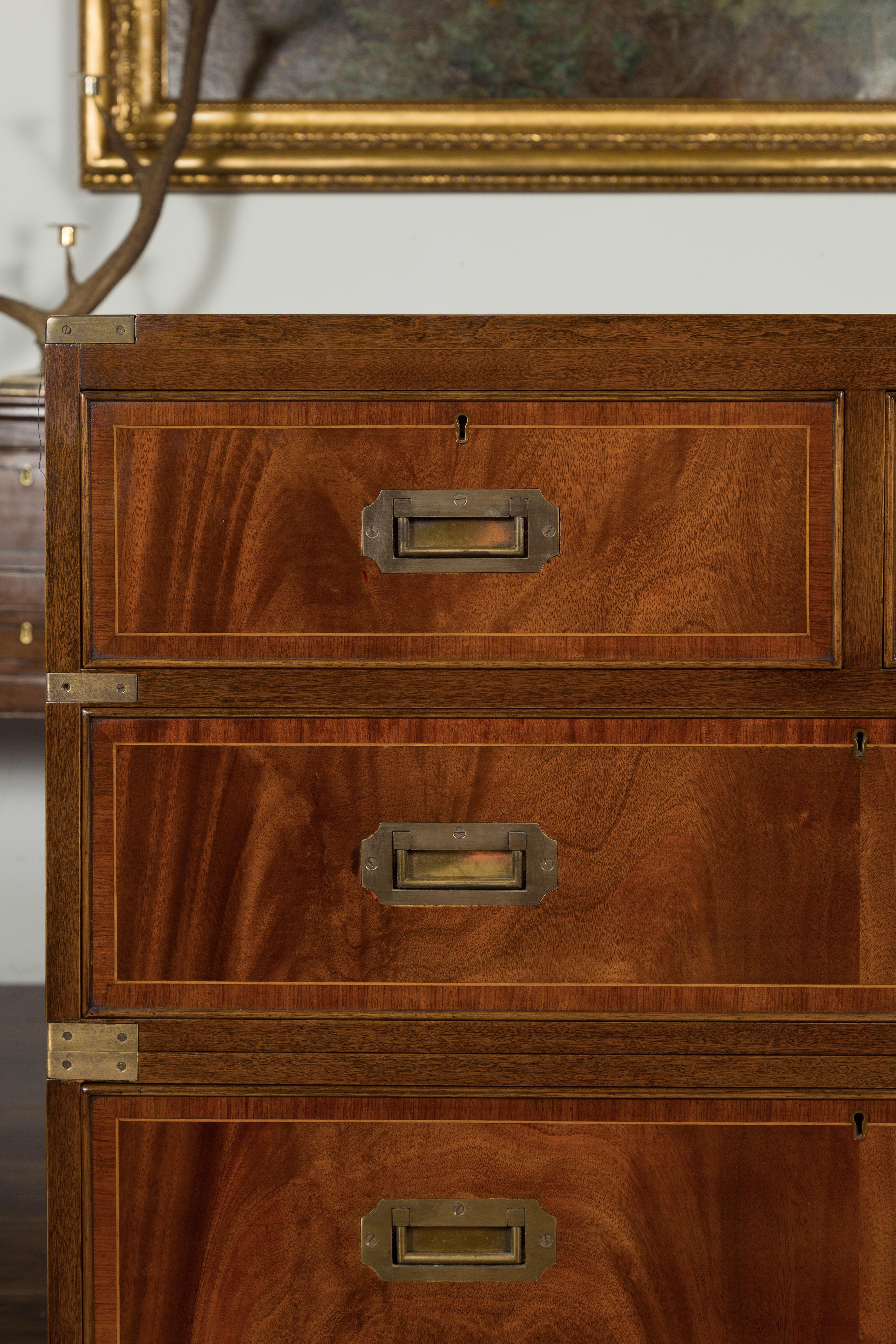 English Midcentury Campaign Five-Drawer Chest with Brass Hardware and Banding In Good Condition In Atlanta, GA