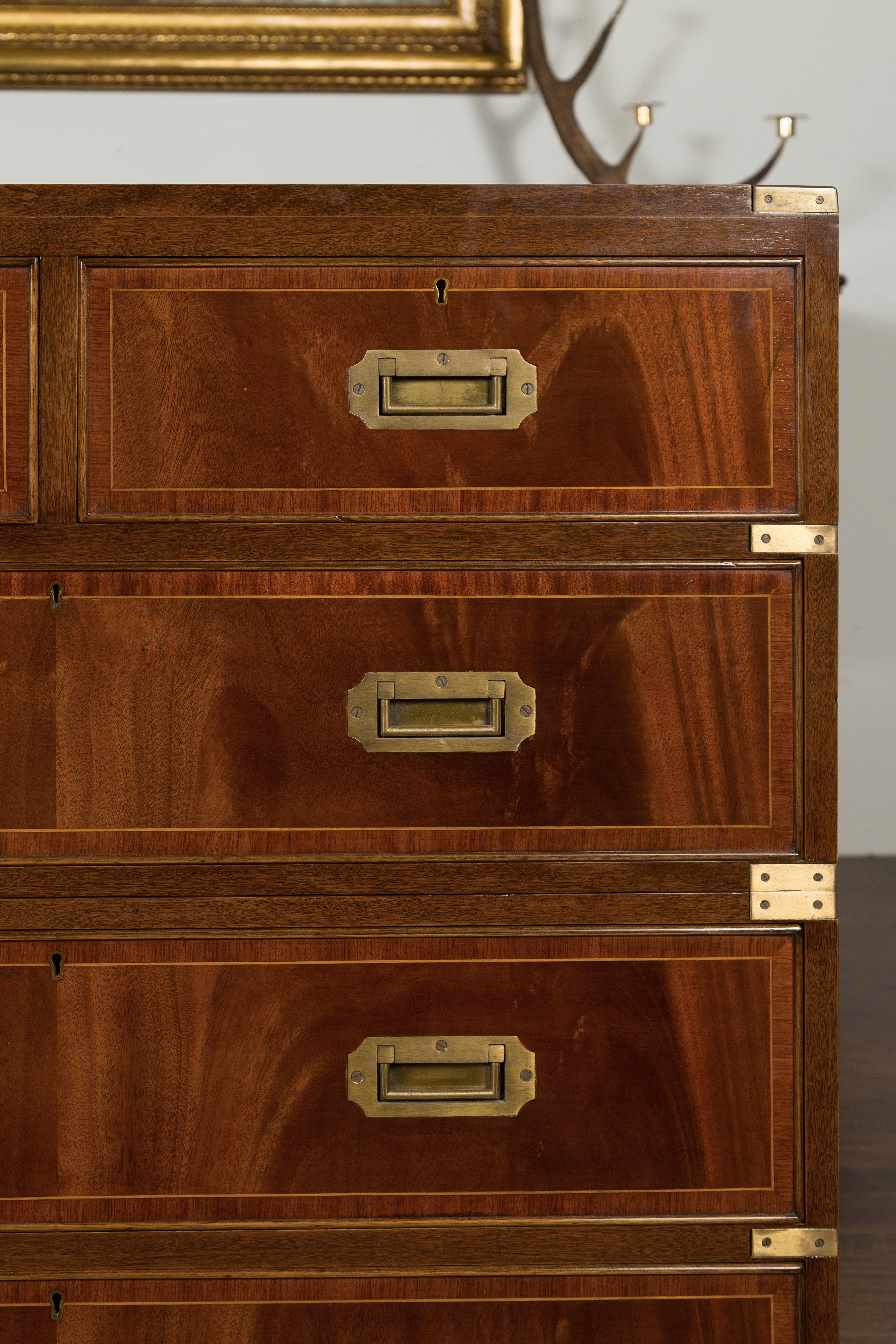 Mahogany English Midcentury Campaign Five-Drawer Chest with Brass Hardware and Banding