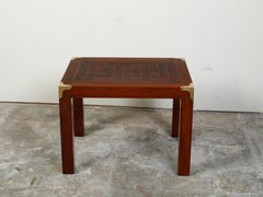 English Midcentury Campaign Style Side Table with Parquet Top and Brass Braces