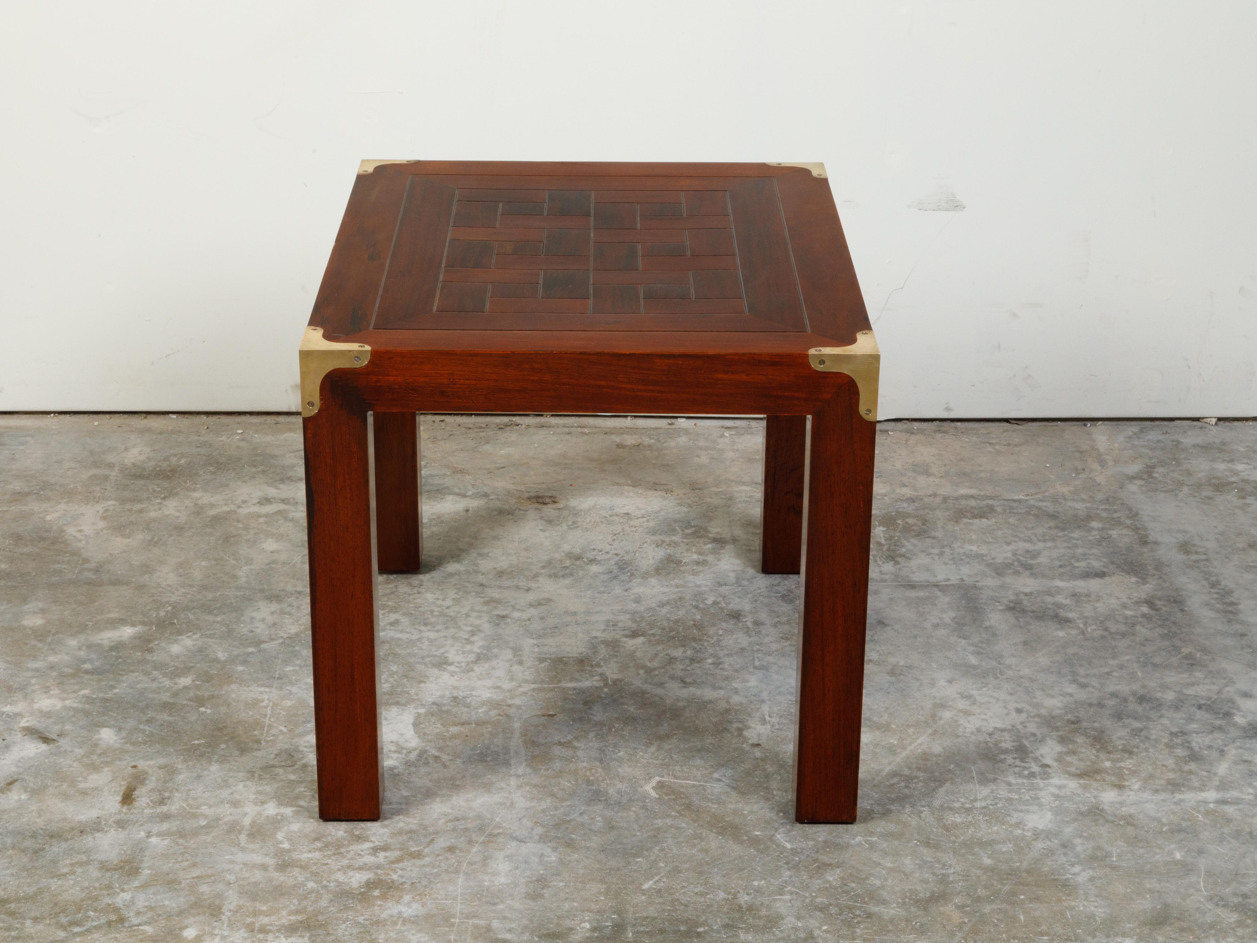 20th Century English Midcentury Campaign Style Side Table with Parquet Top and Brass Braces For Sale