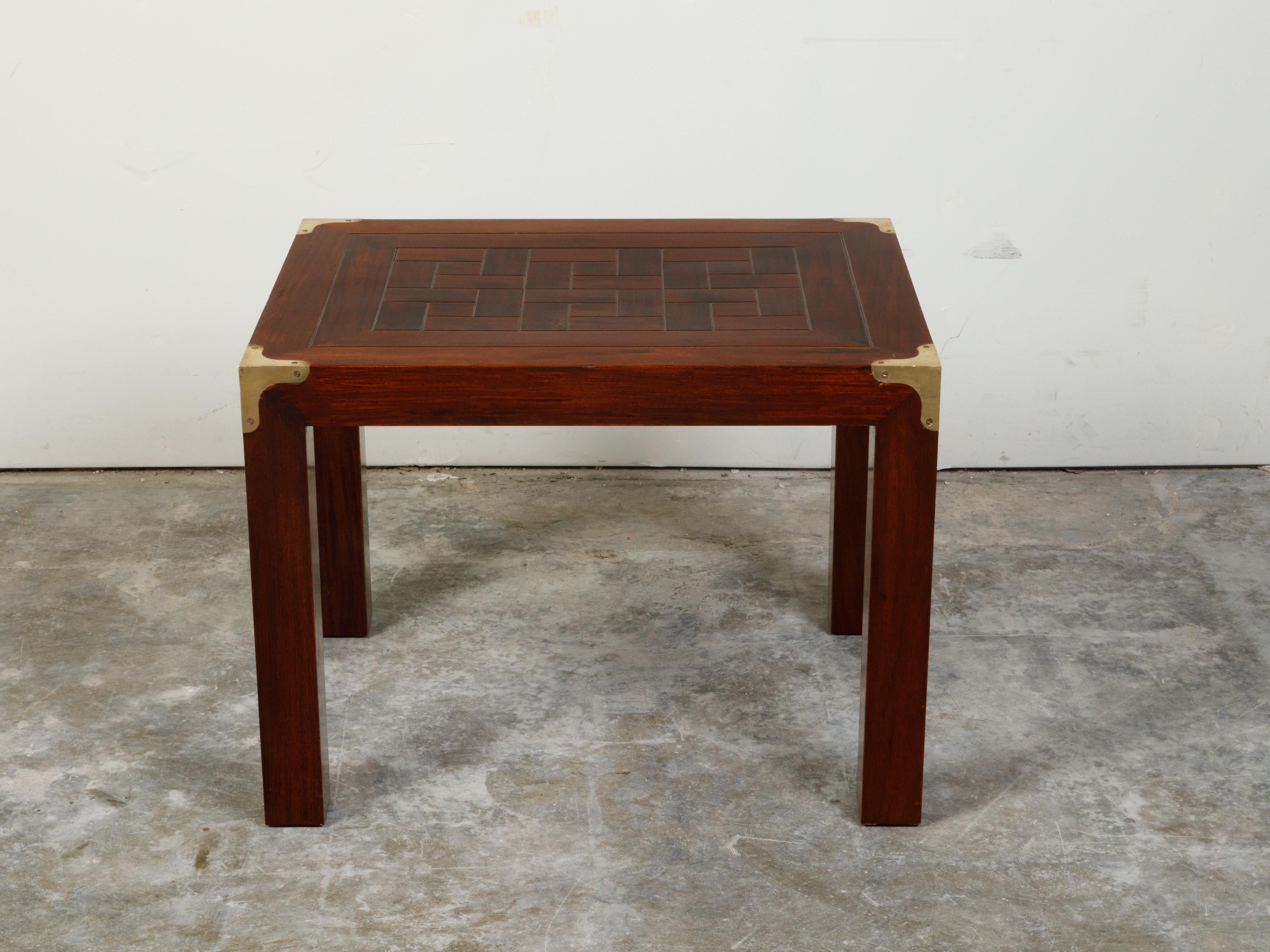Walnut English Midcentury Campaign Style Side Table with Parquet Top and Brass Braces For Sale