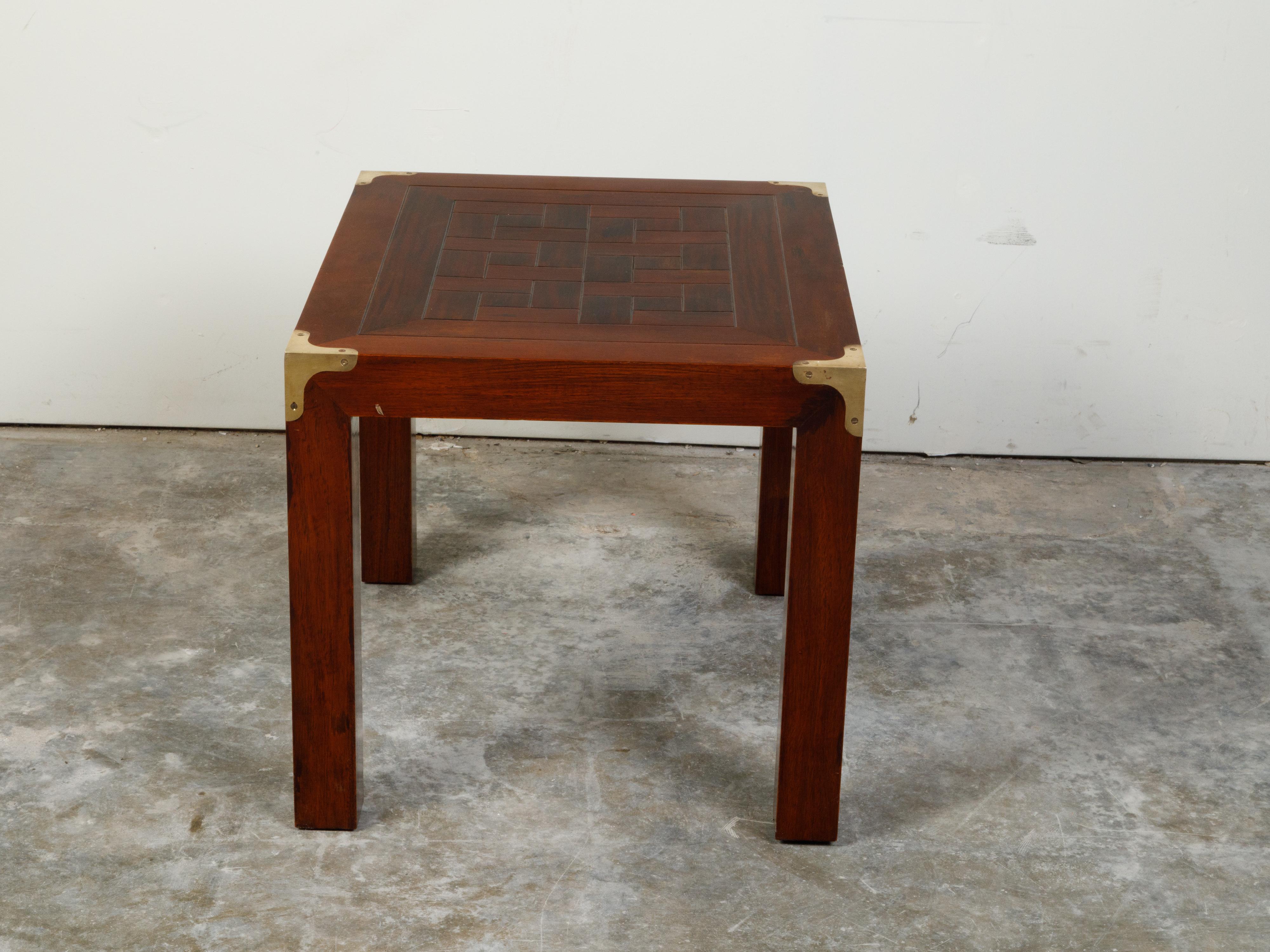 English Midcentury Campaign Style Side Table with Parquet Top and Brass Braces For Sale 2