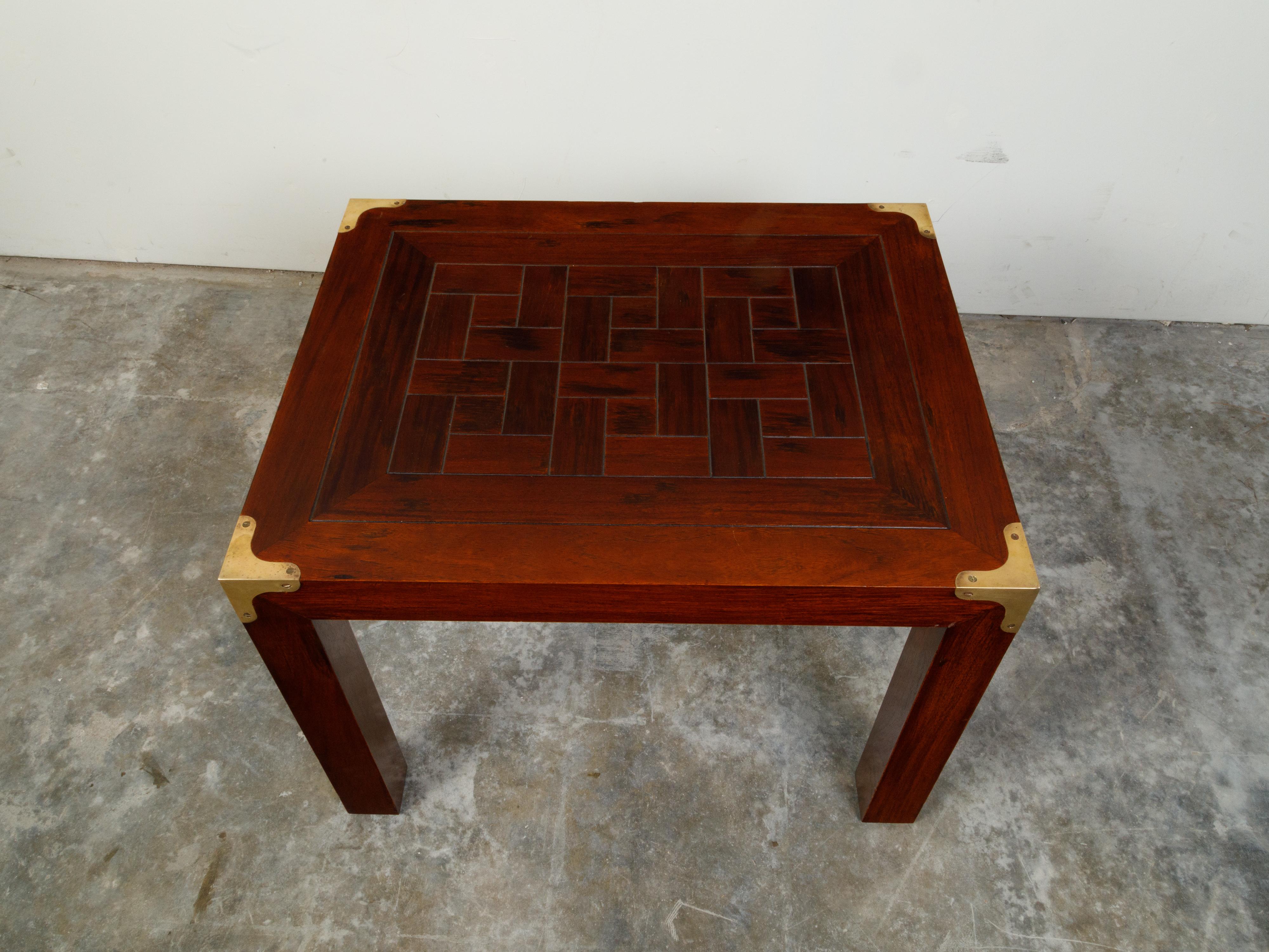 English Midcentury Campaign Style Side Table with Parquet Top and Brass Braces For Sale 3