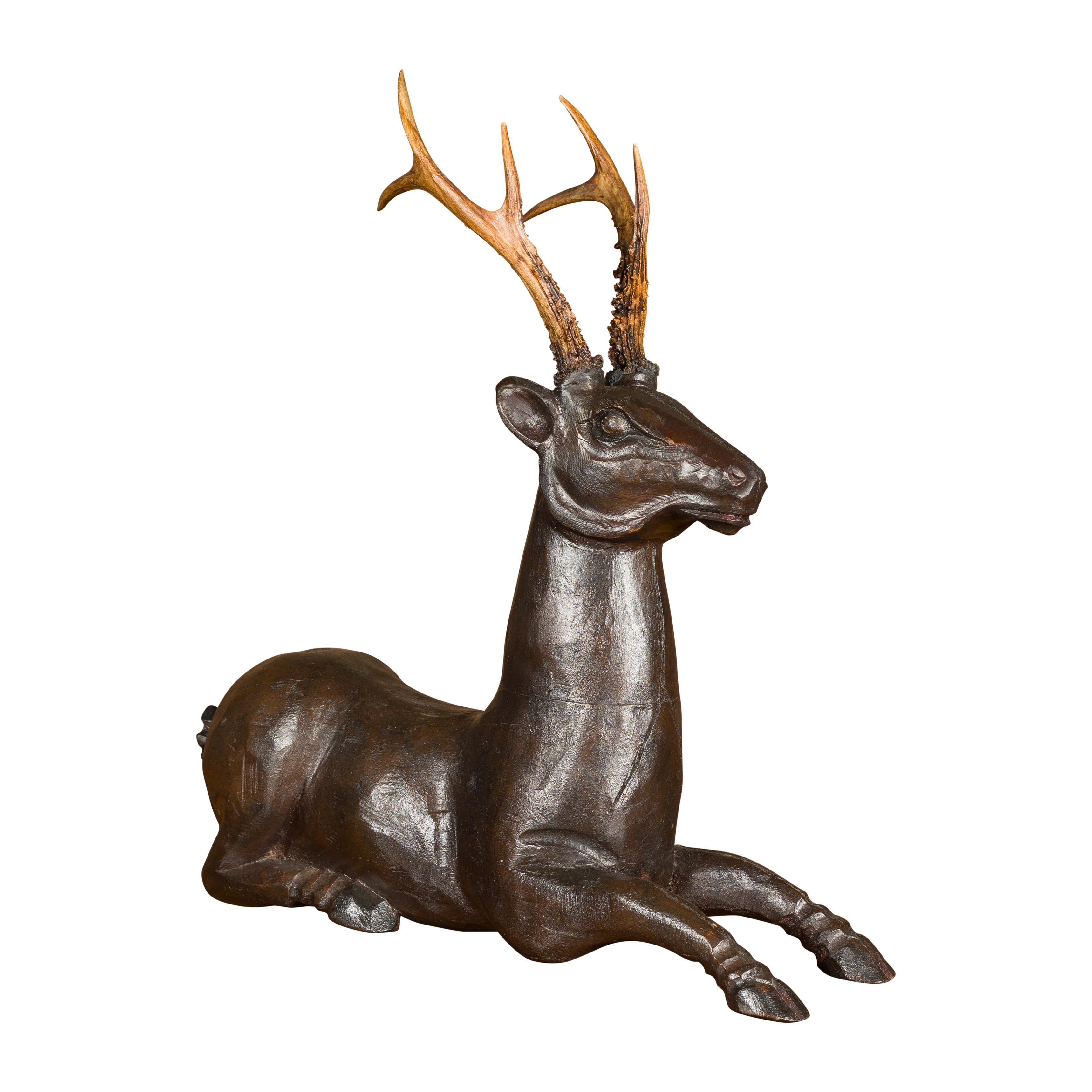 English Midcentury Carved Wooden Reclining Stag Sculpture with Real Antlers 7