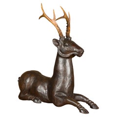 English Midcentury Carved Wooden Reclining Stag Sculpture with Real Antlers