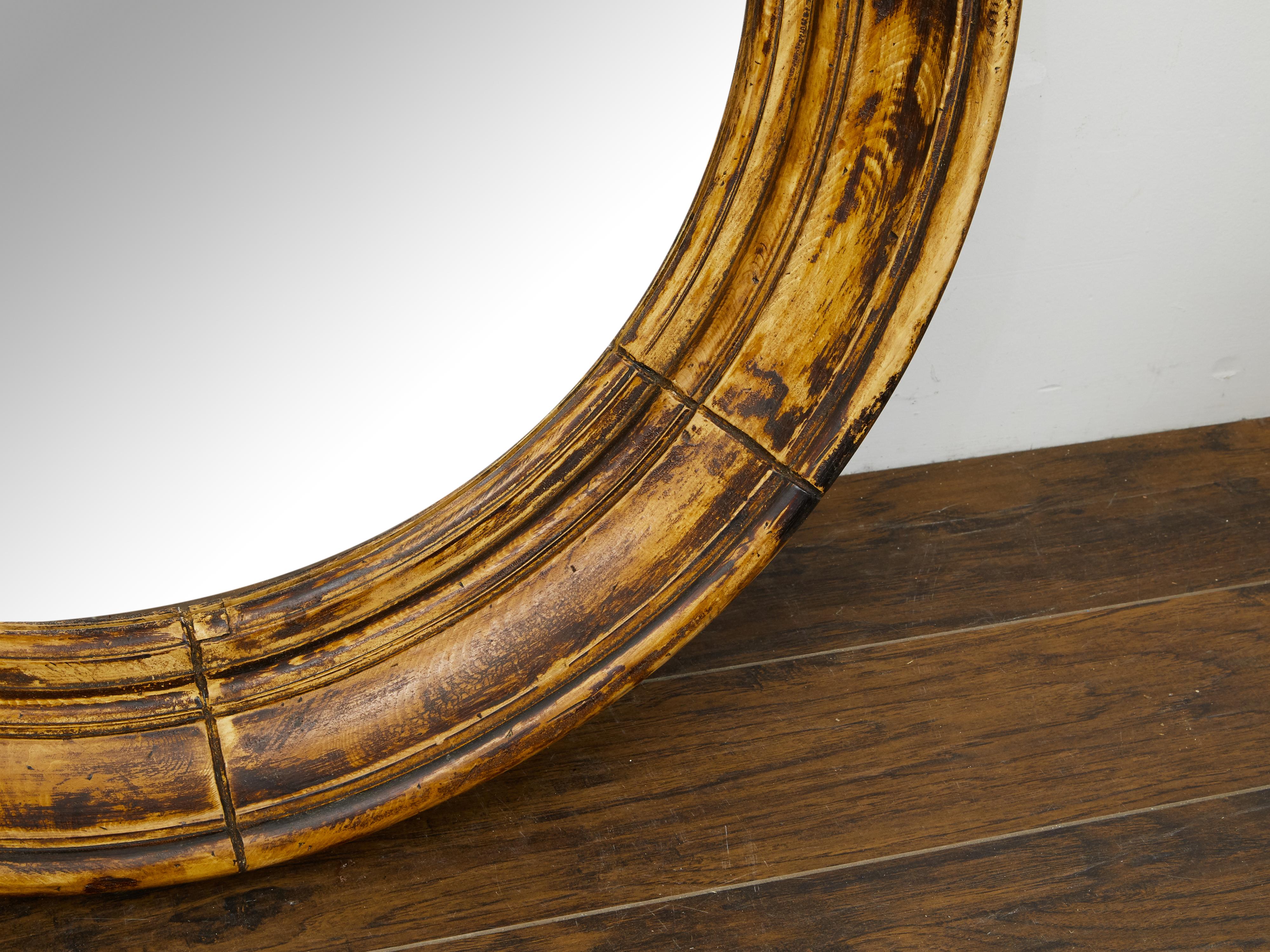 Mid-Century Modern English Midcentury Circular Pine Mirror with Weathered Appearance