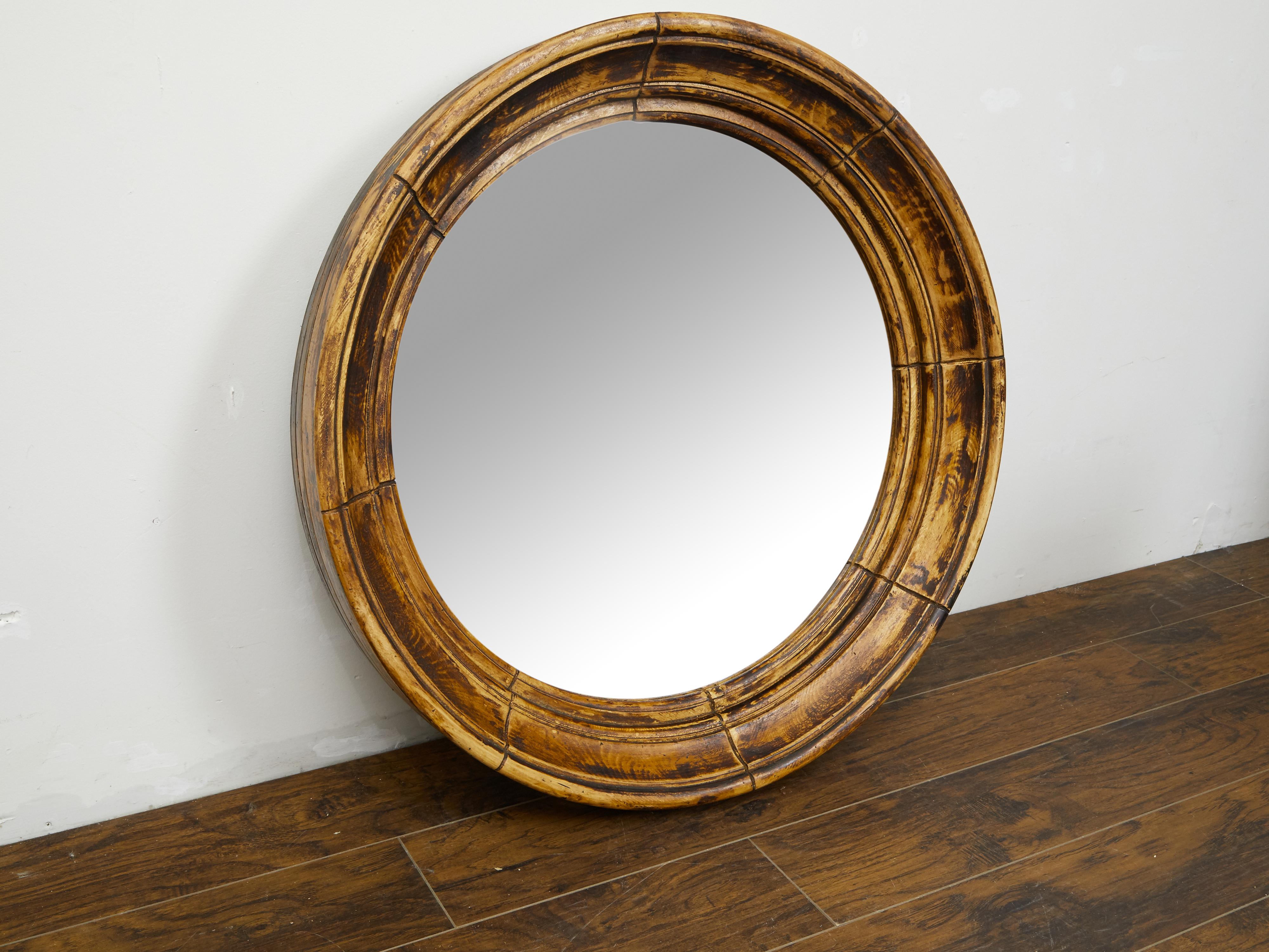 English Midcentury Circular Pine Mirror with Weathered Appearance In Good Condition In Atlanta, GA