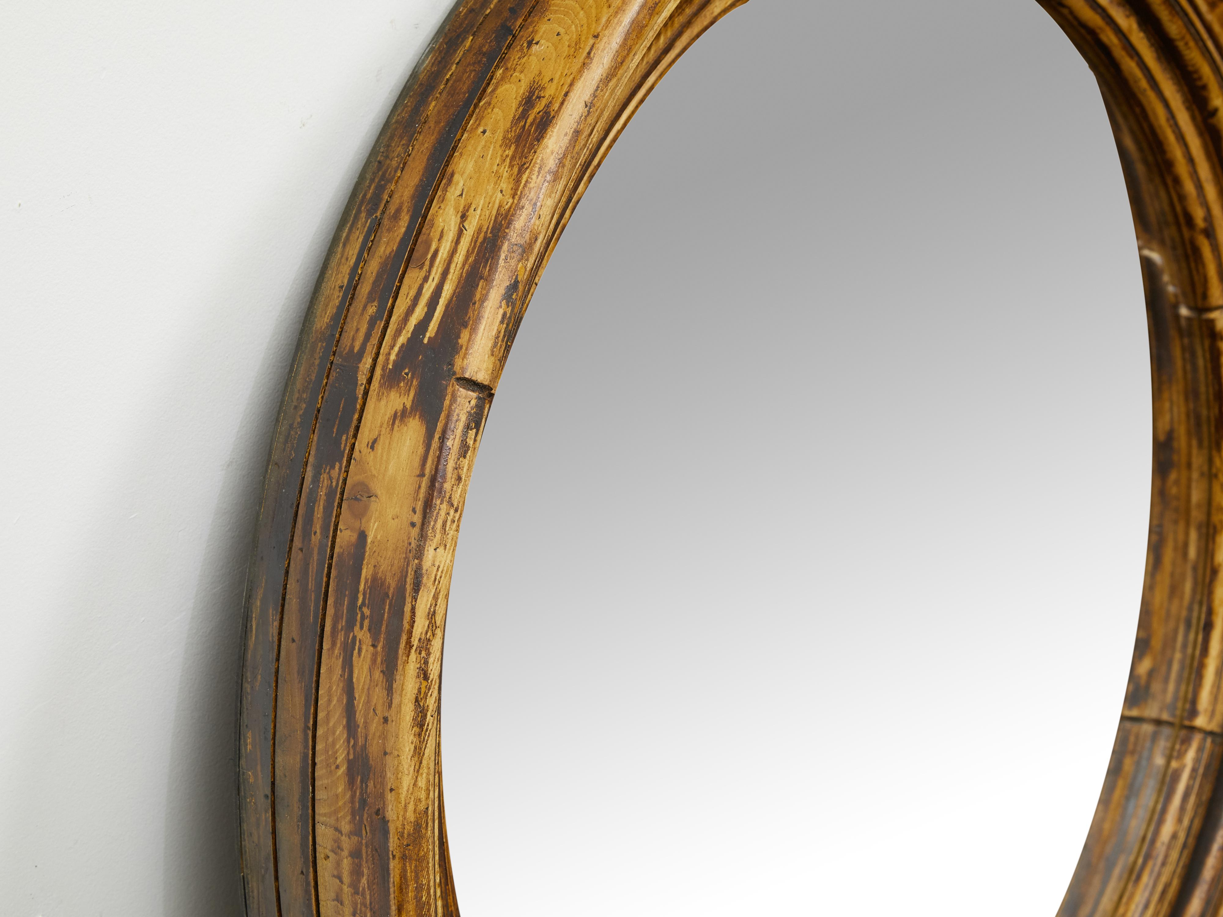 20th Century English Midcentury Circular Pine Mirror with Weathered Appearance
