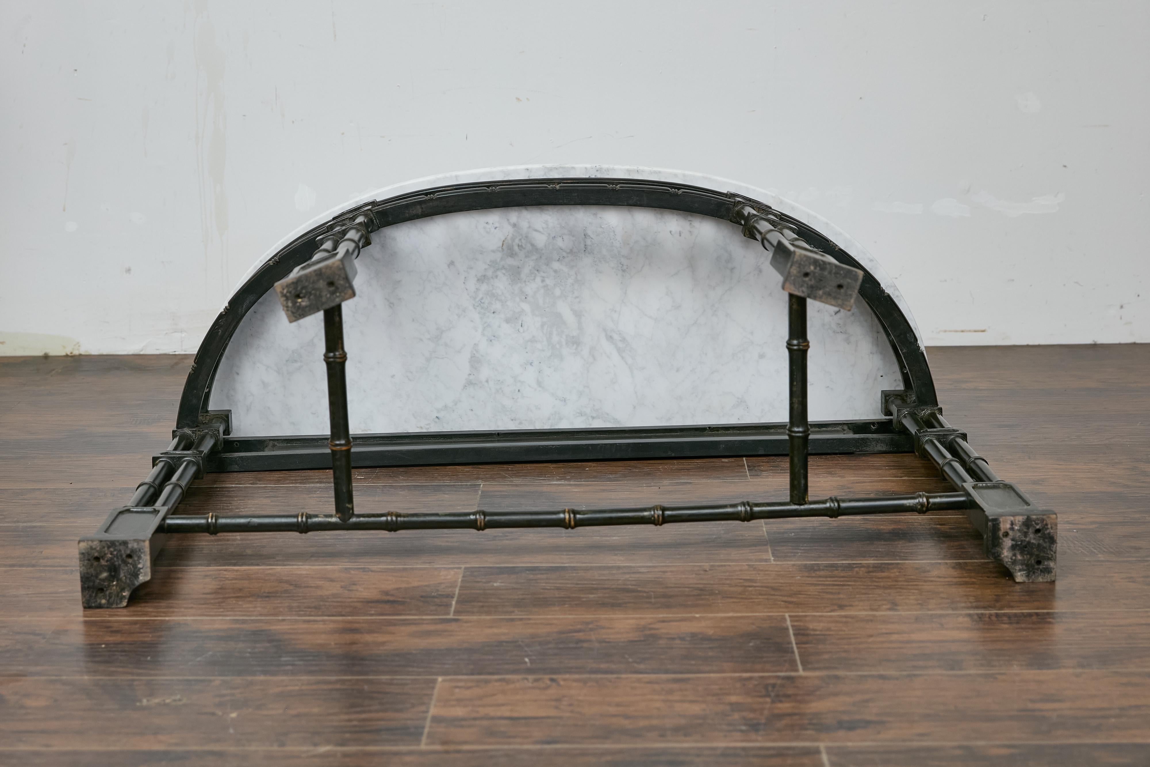 English Midcentury Demilune Table with Ebonized Bamboo Base, White Marble Top For Sale 5