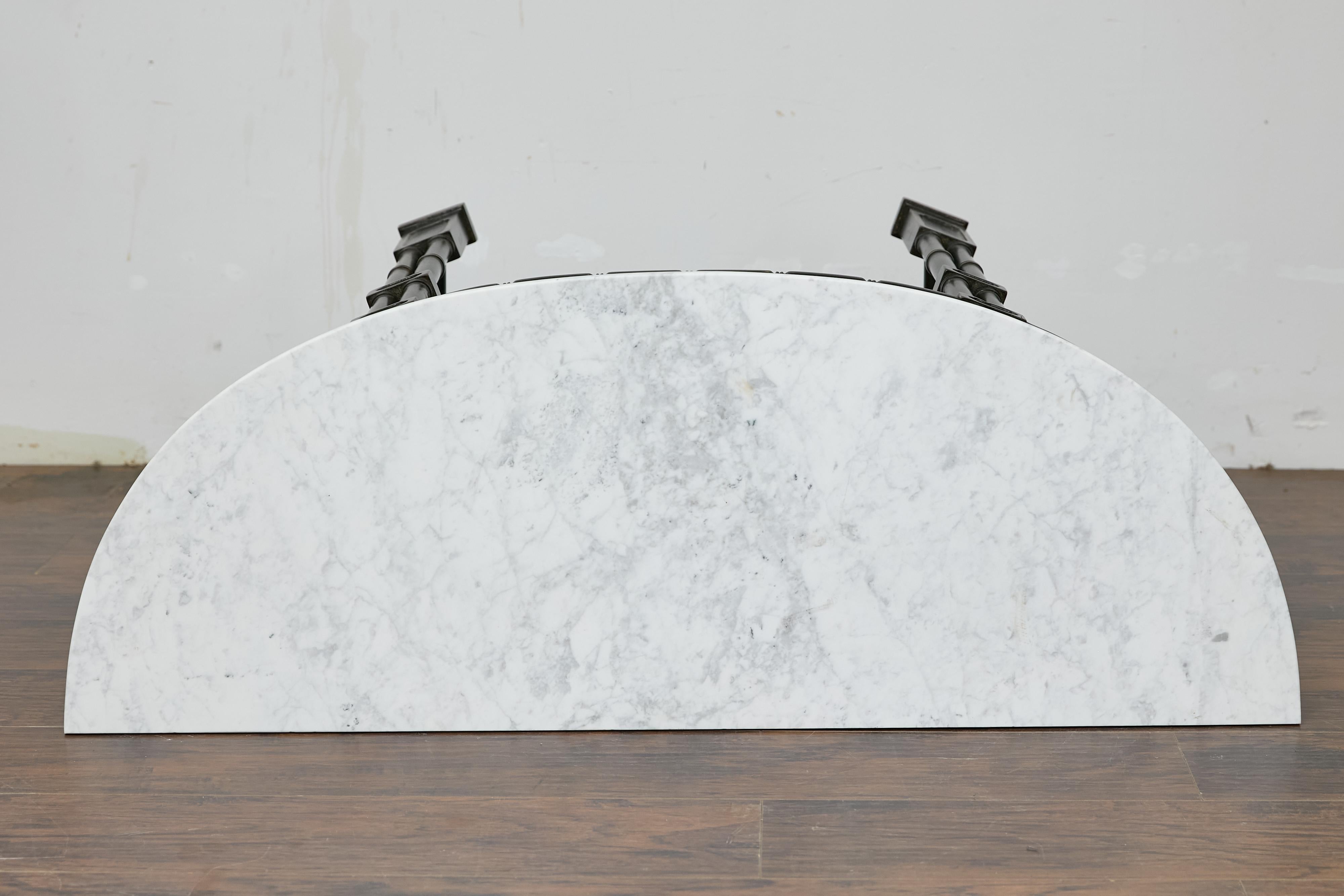 English Midcentury Demilune Table with Ebonized Bamboo Base, White Marble Top For Sale 6