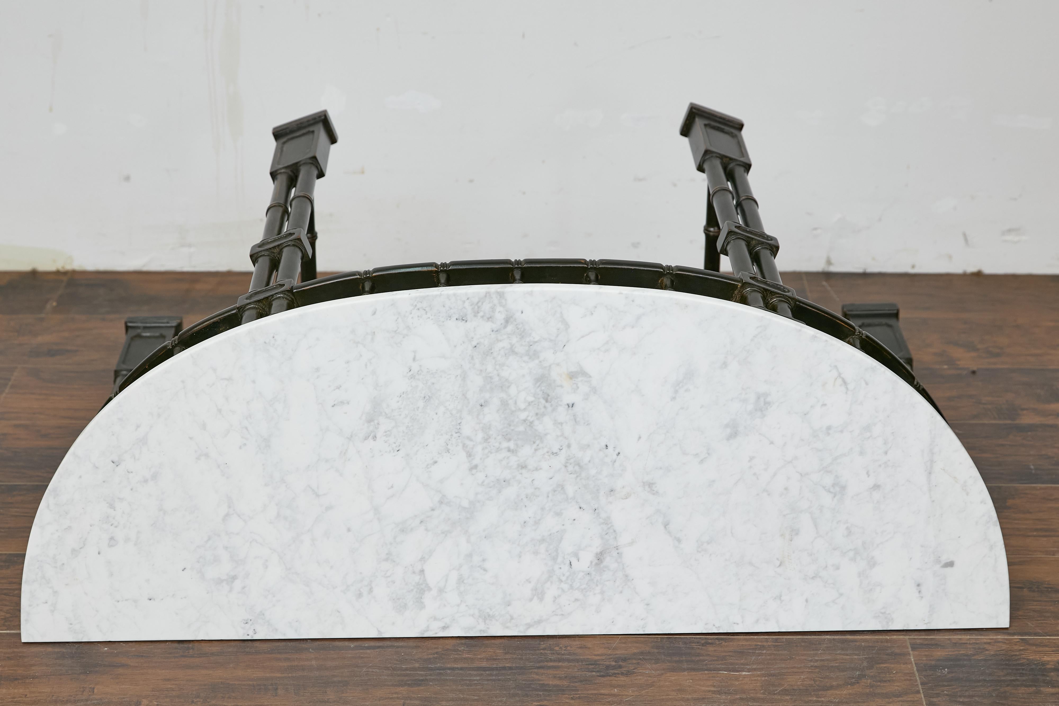 English Midcentury Demilune Table with Ebonized Bamboo Base, White Marble Top For Sale 8