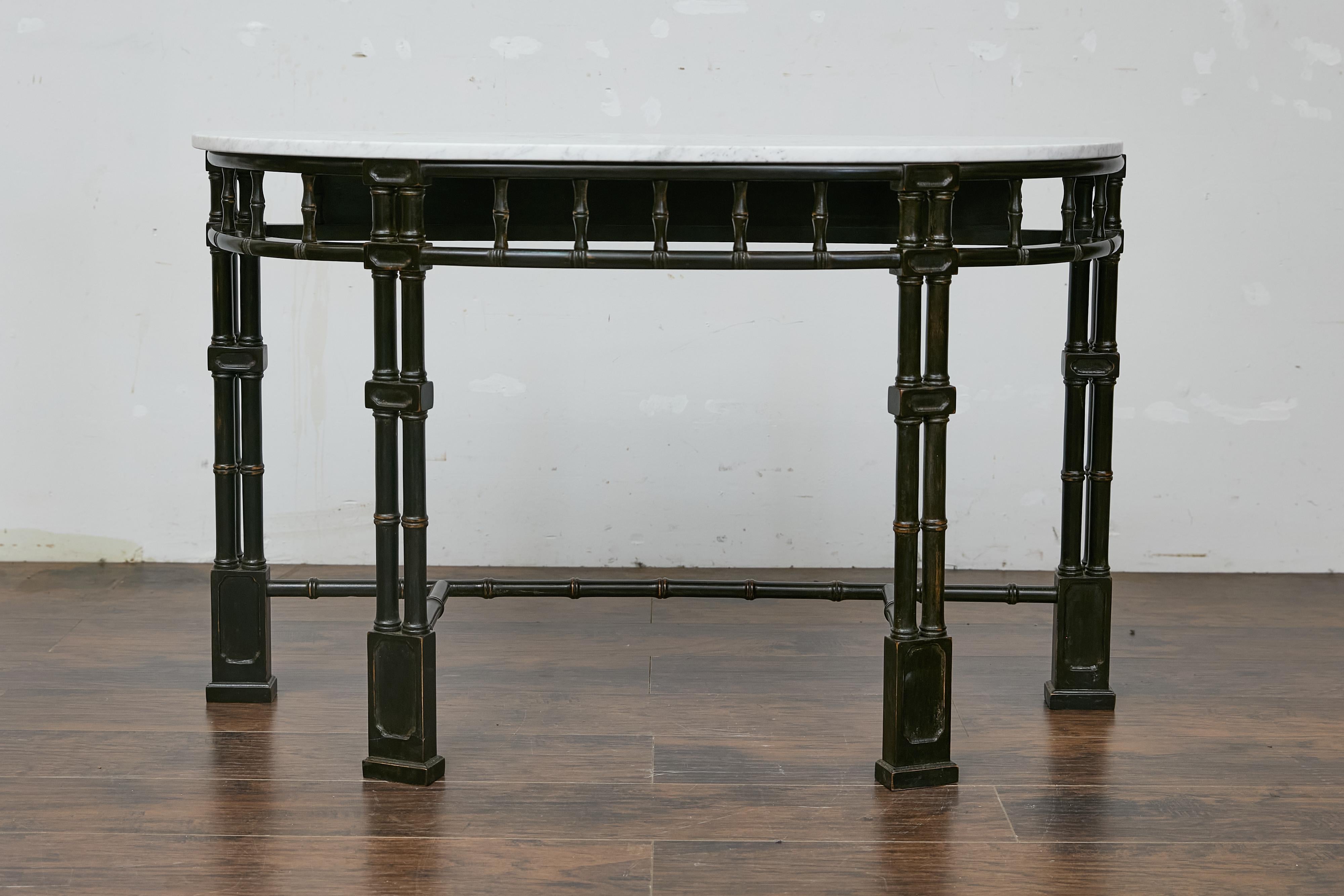 English Midcentury Demilune Table with Ebonized Bamboo Base, White Marble Top For Sale 9