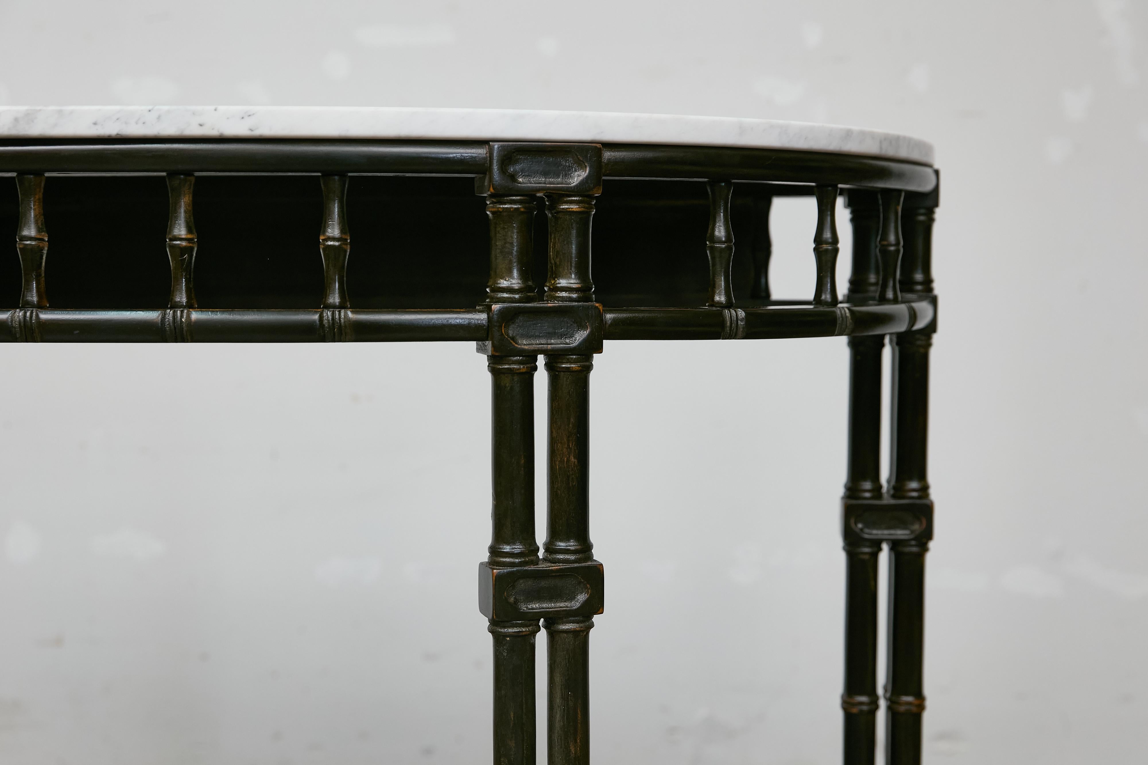 Mid-Century Modern English Midcentury Demilune Table with Ebonized Bamboo Base, White Marble Top For Sale
