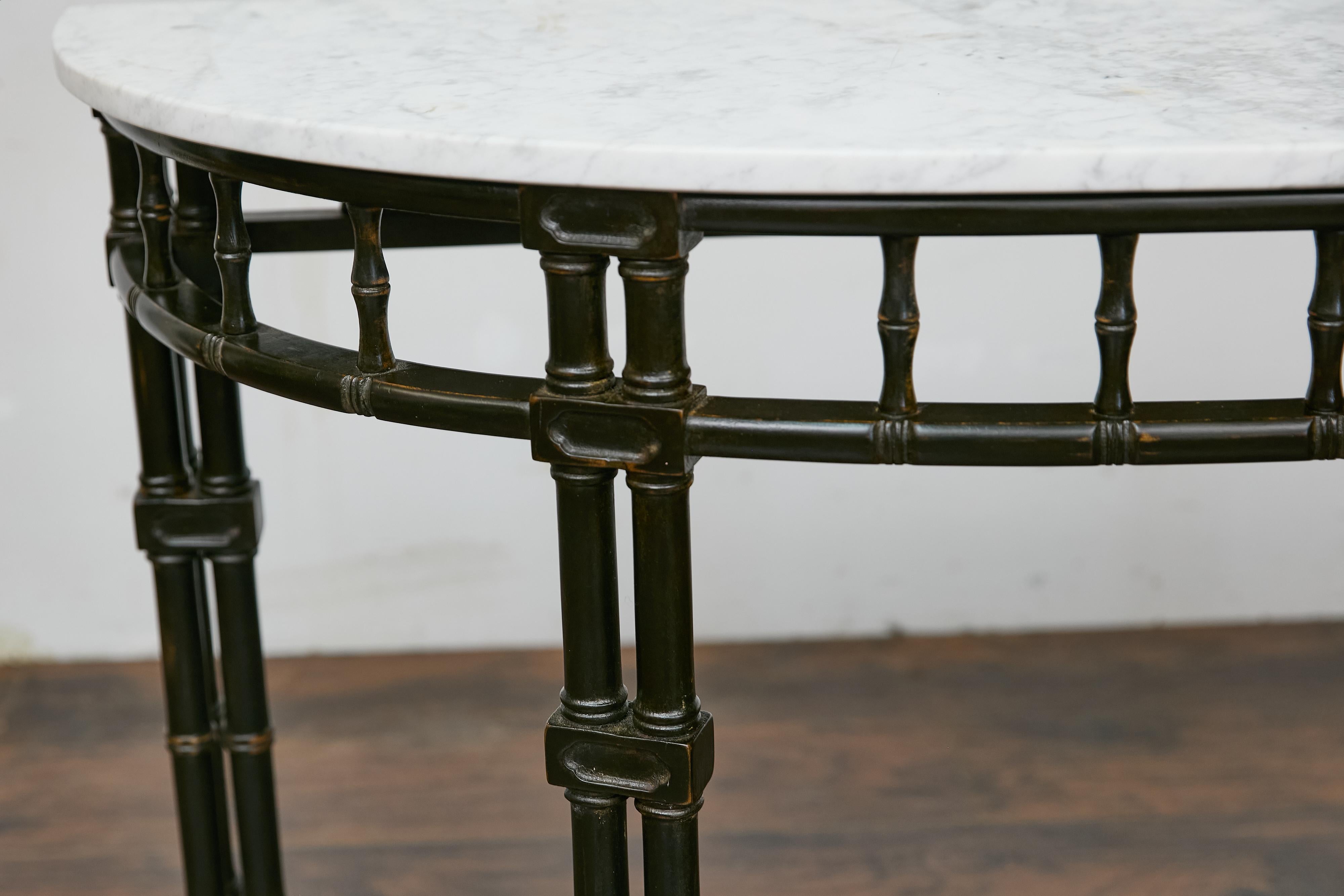 English Midcentury Demilune Table with Ebonized Bamboo Base, White Marble Top In Good Condition For Sale In Atlanta, GA