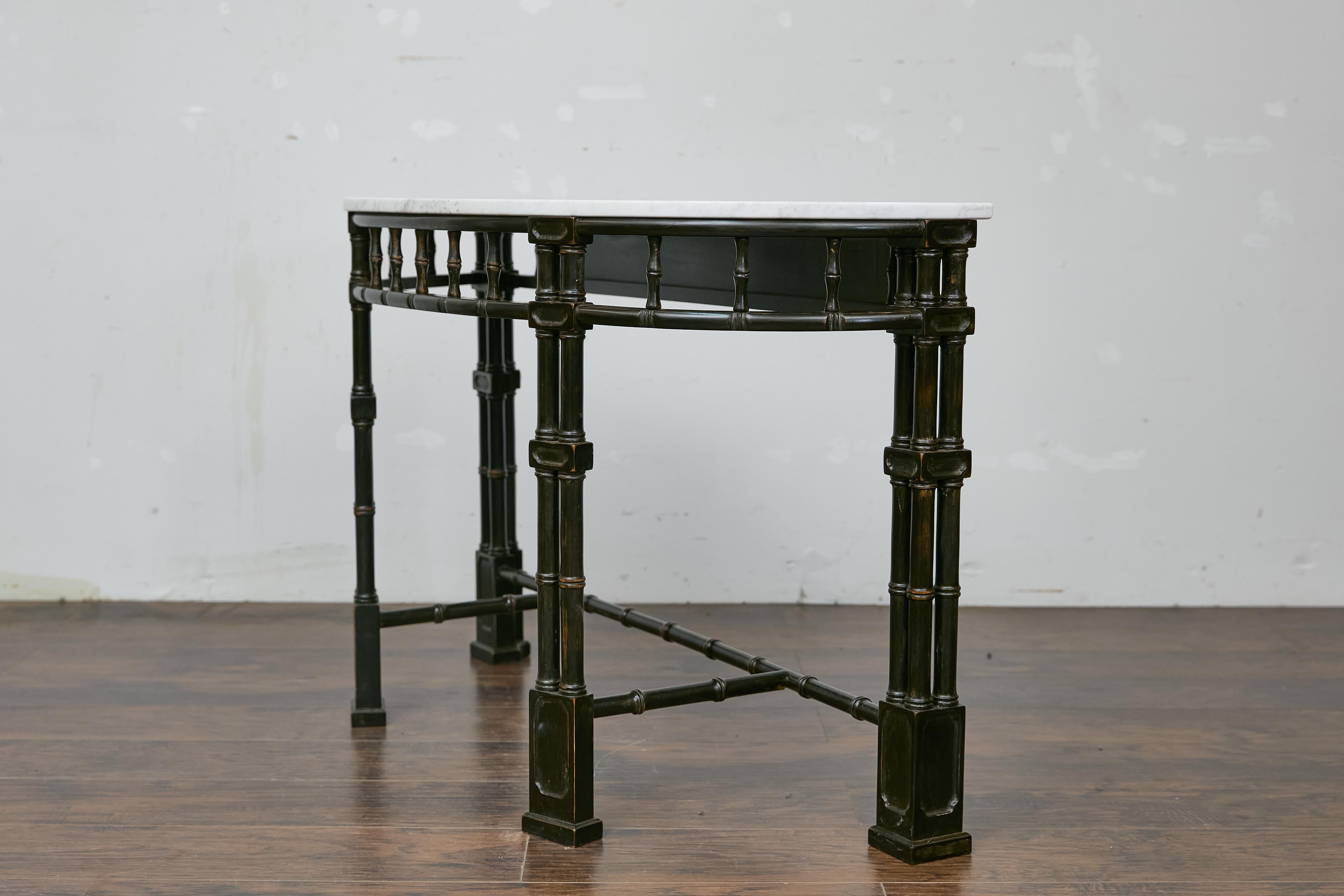 20th Century English Midcentury Demilune Table with Ebonized Bamboo Base, White Marble Top For Sale