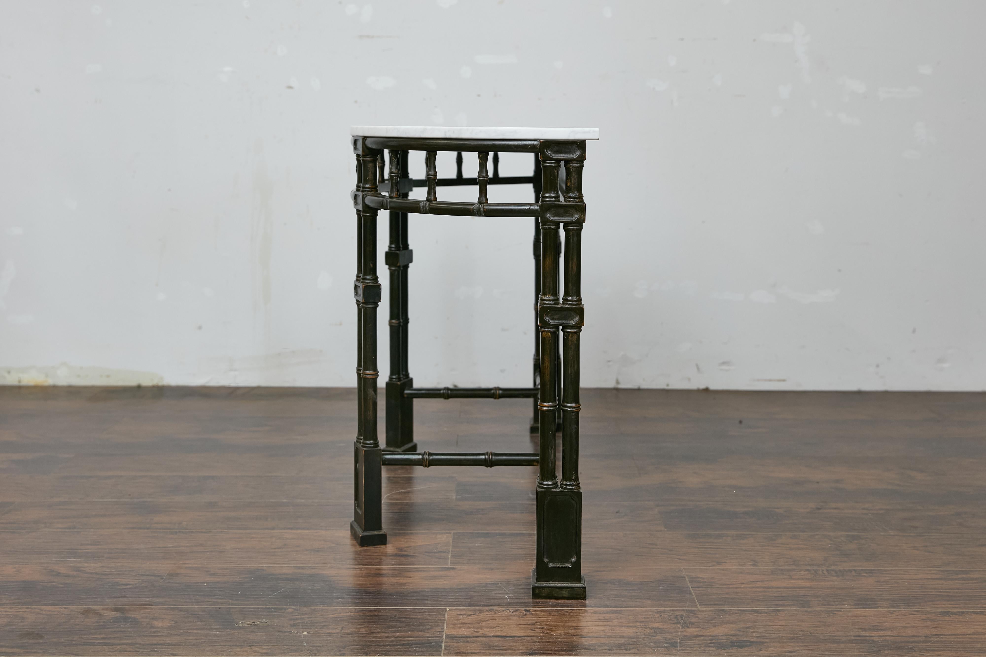 Faux Bamboo English Midcentury Demilune Table with Ebonized Bamboo Base, White Marble Top For Sale