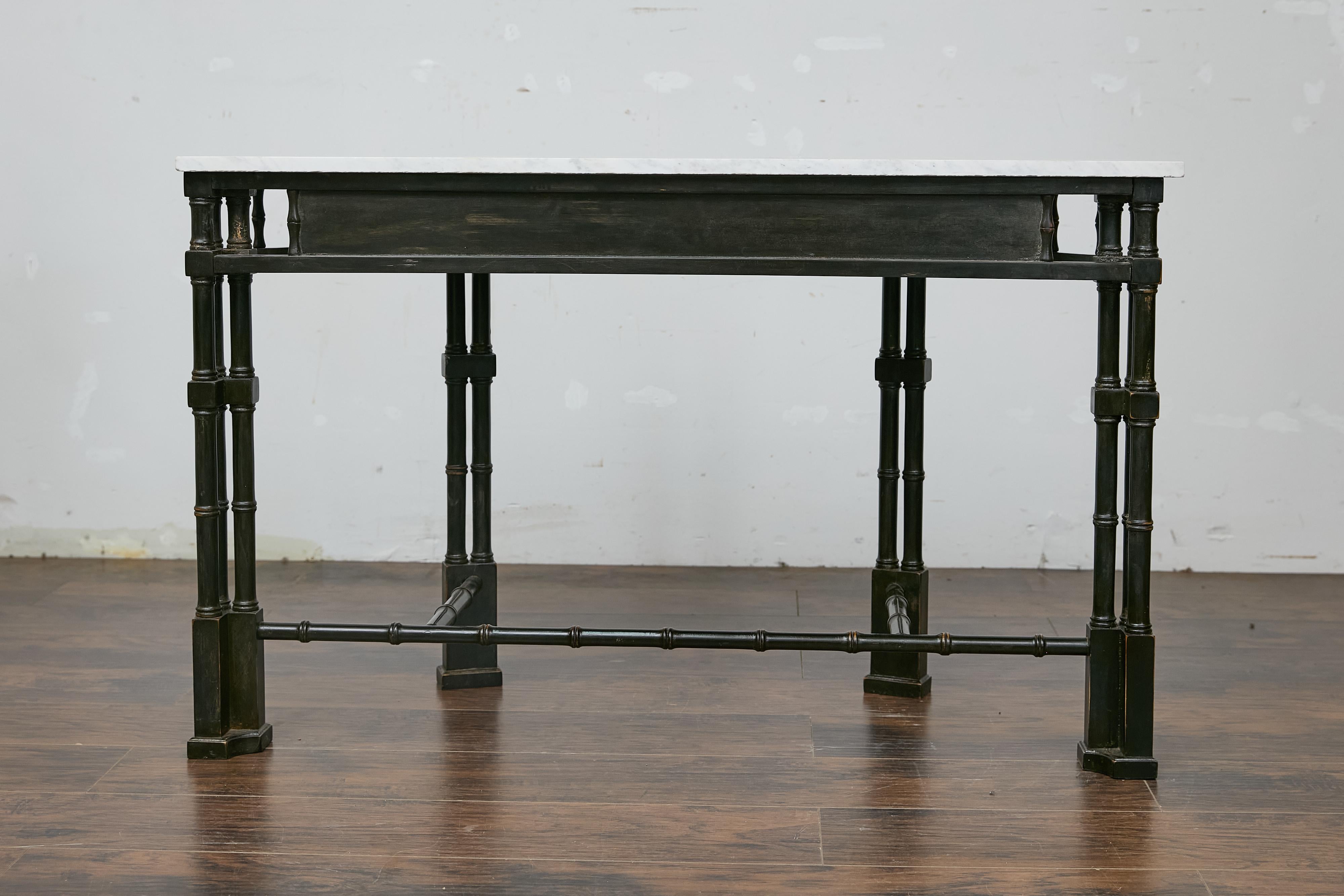 English Midcentury Demilune Table with Ebonized Bamboo Base, White Marble Top For Sale 1