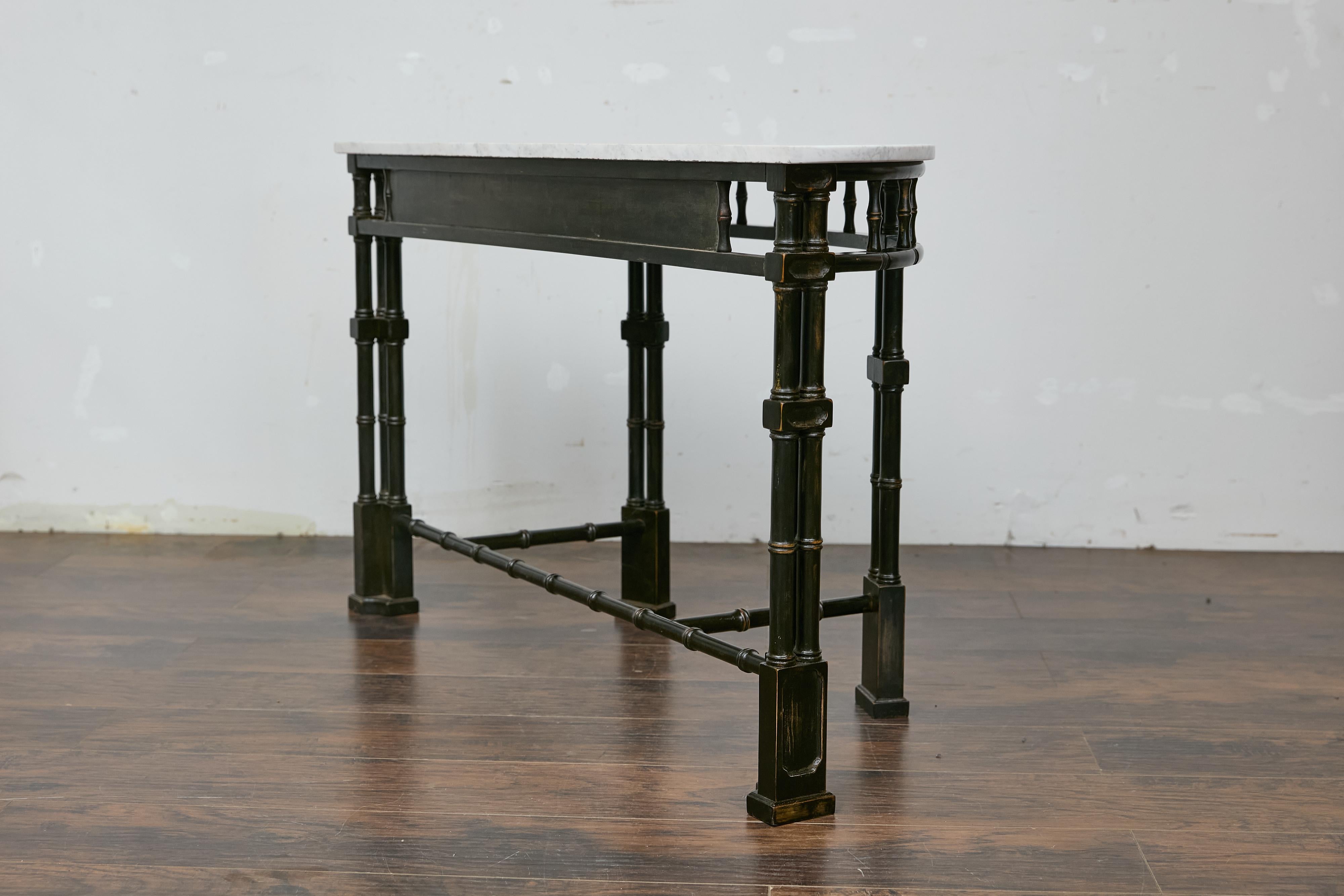 English Midcentury Demilune Table with Ebonized Bamboo Base, White Marble Top For Sale 2