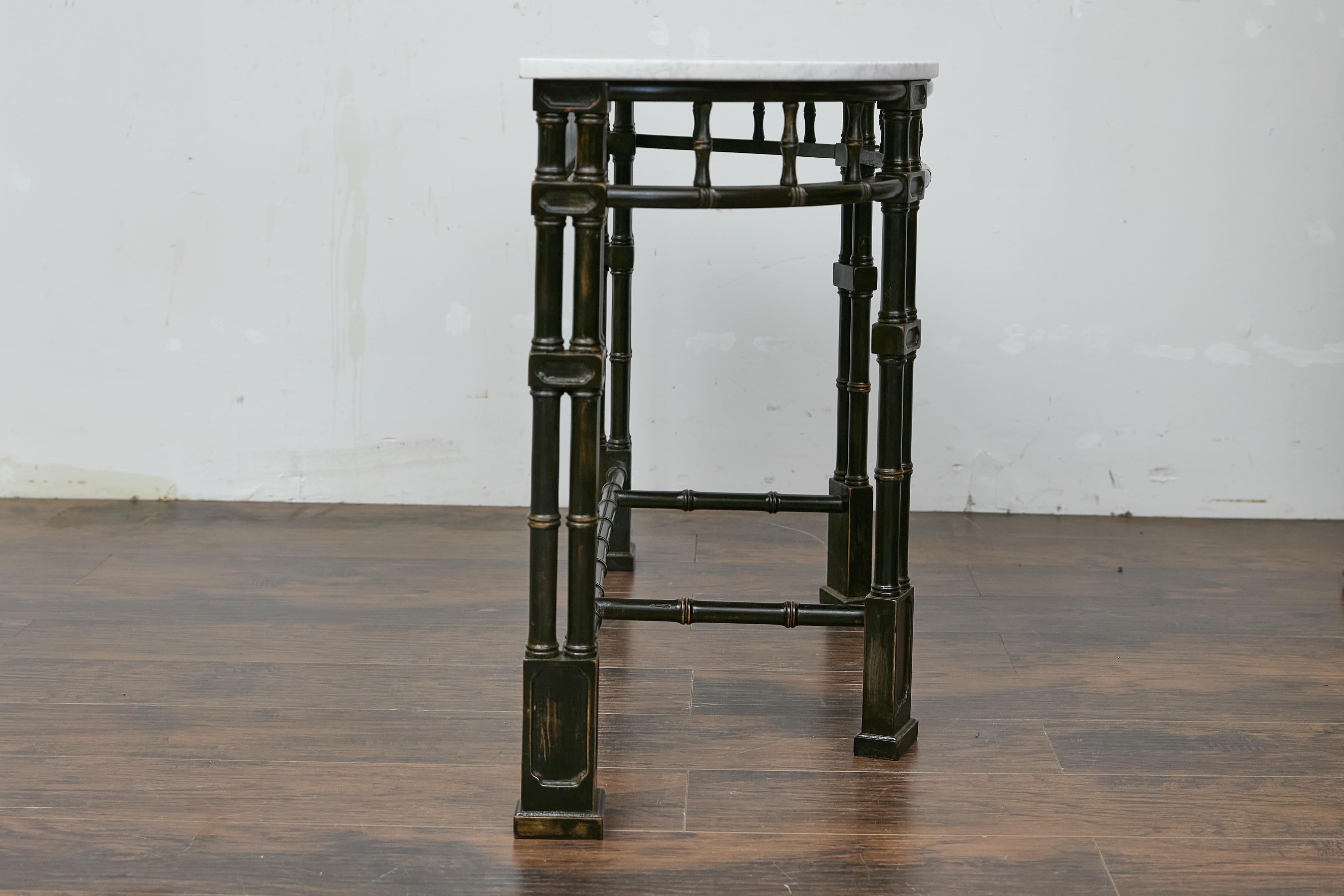 English Midcentury Demilune Table with Ebonized Bamboo Base, White Marble Top For Sale 3
